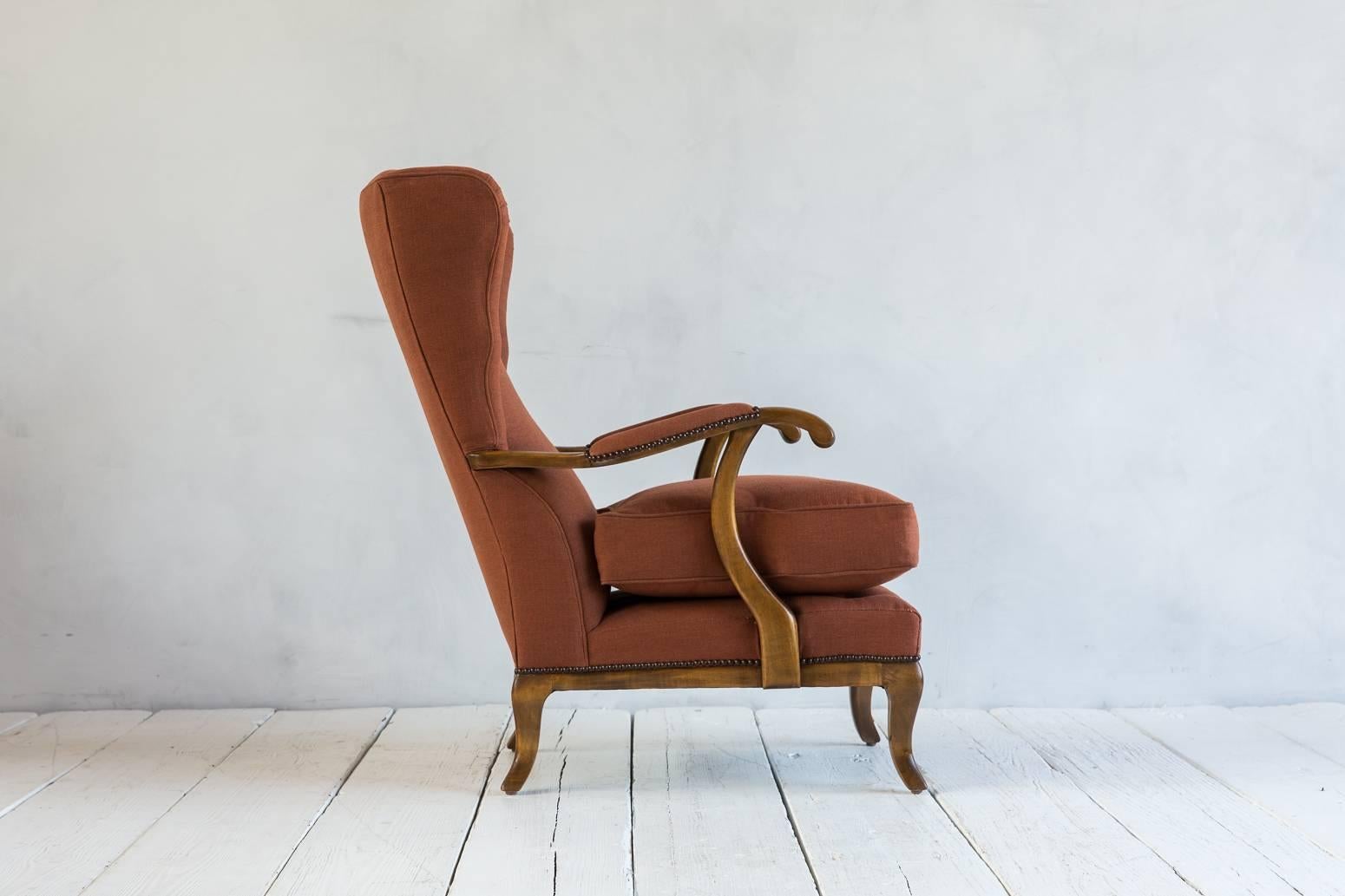 Mid-20th Century Vintage Italian Wing Chair Upholstered in Rust Ripstop Howe Fabric