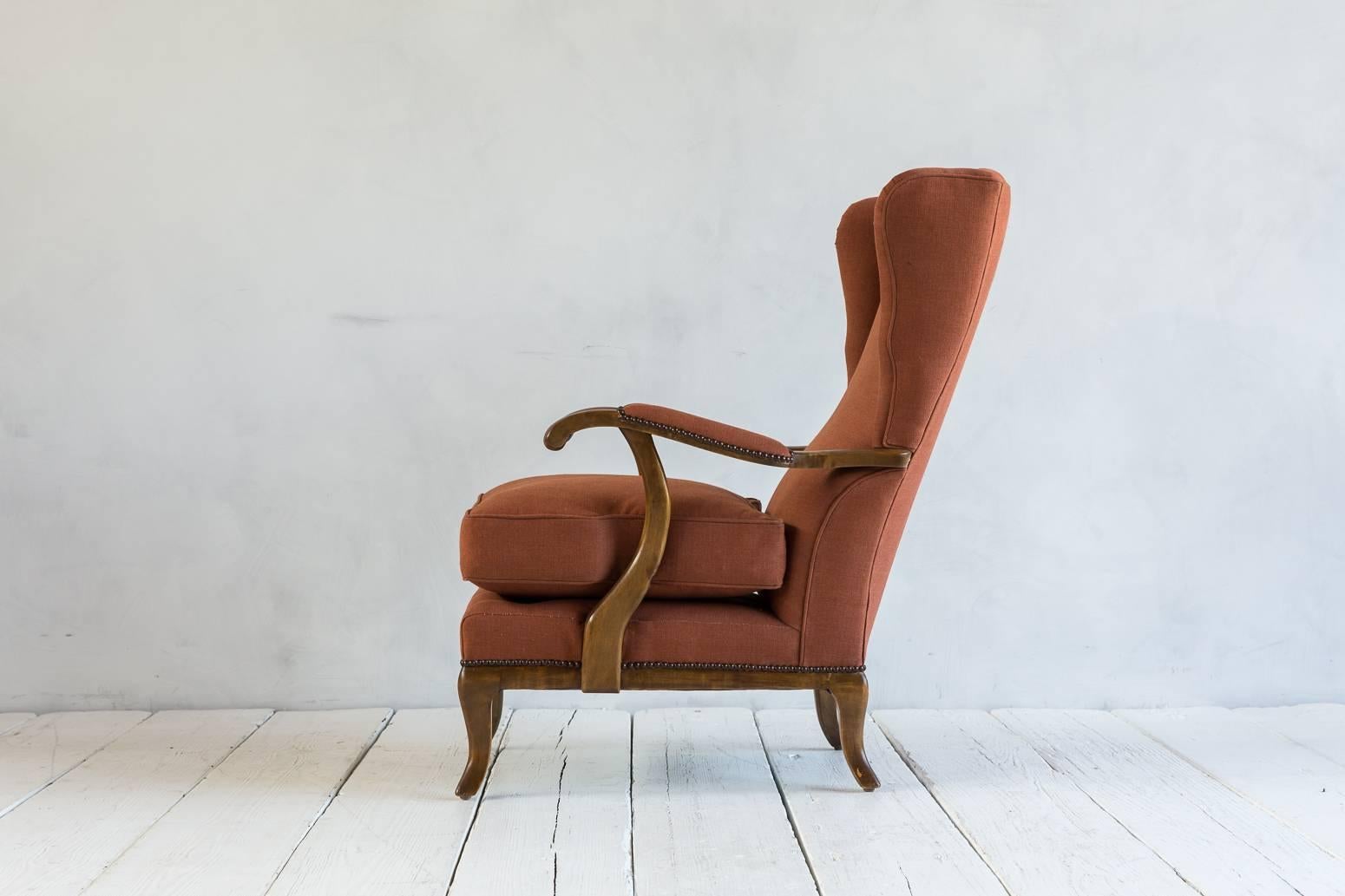 Vintage Italian Wing Chair Upholstered in Rust Ripstop Howe Fabric 1