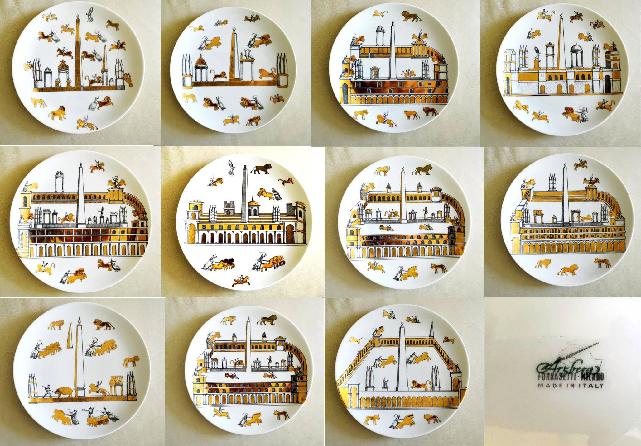 Vintage Piero Fornasetti set of nine porcelain plates,
Anfiteatro (Amphitheatre),
1960s.

Each plate is decorated distinctively with different scenes of "Ancient Rome" in black and with exotic buildings, chariots, lions and