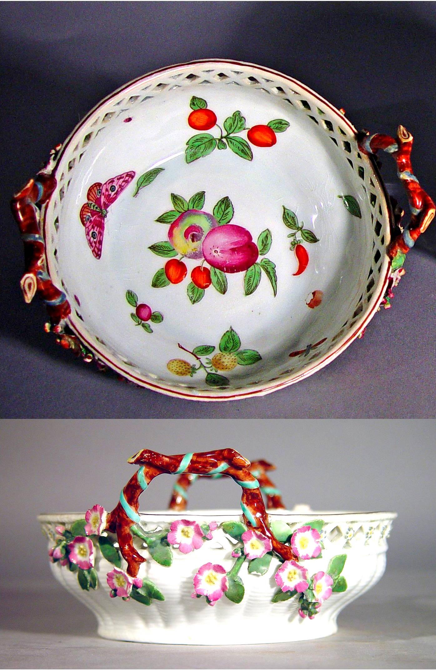 Antique Chelsea porcelain reticulated circular basket, 
Probably James Giles decoration,
circa 1755-1760.

The circular Chelsea porcelain basket with brown twig handles terminating in leaves and flowers has a border of openwork, the rim painted