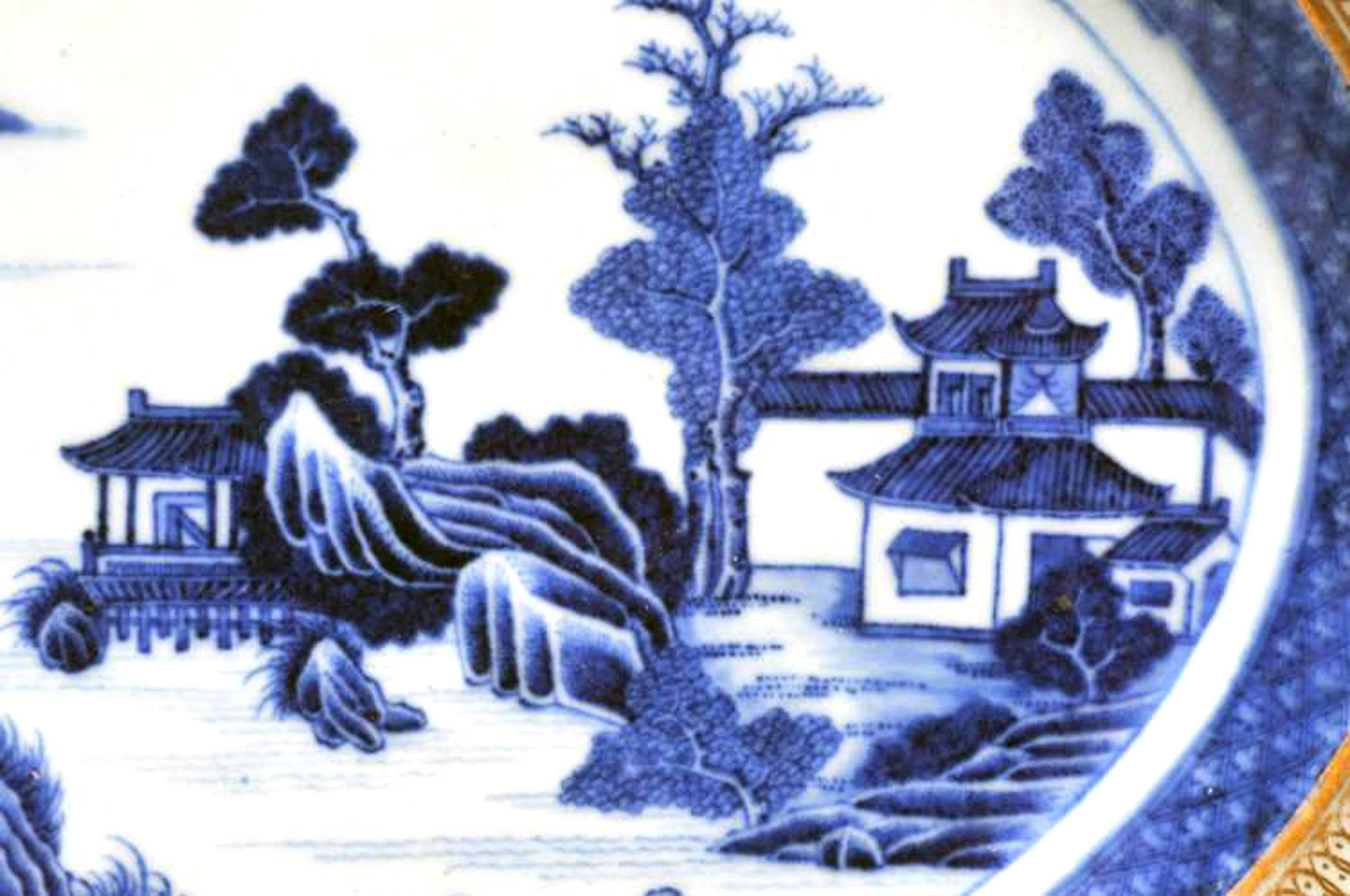 18th Century Chinese Export Porcelain Large Blue and White Dish with London Gilding, 1780