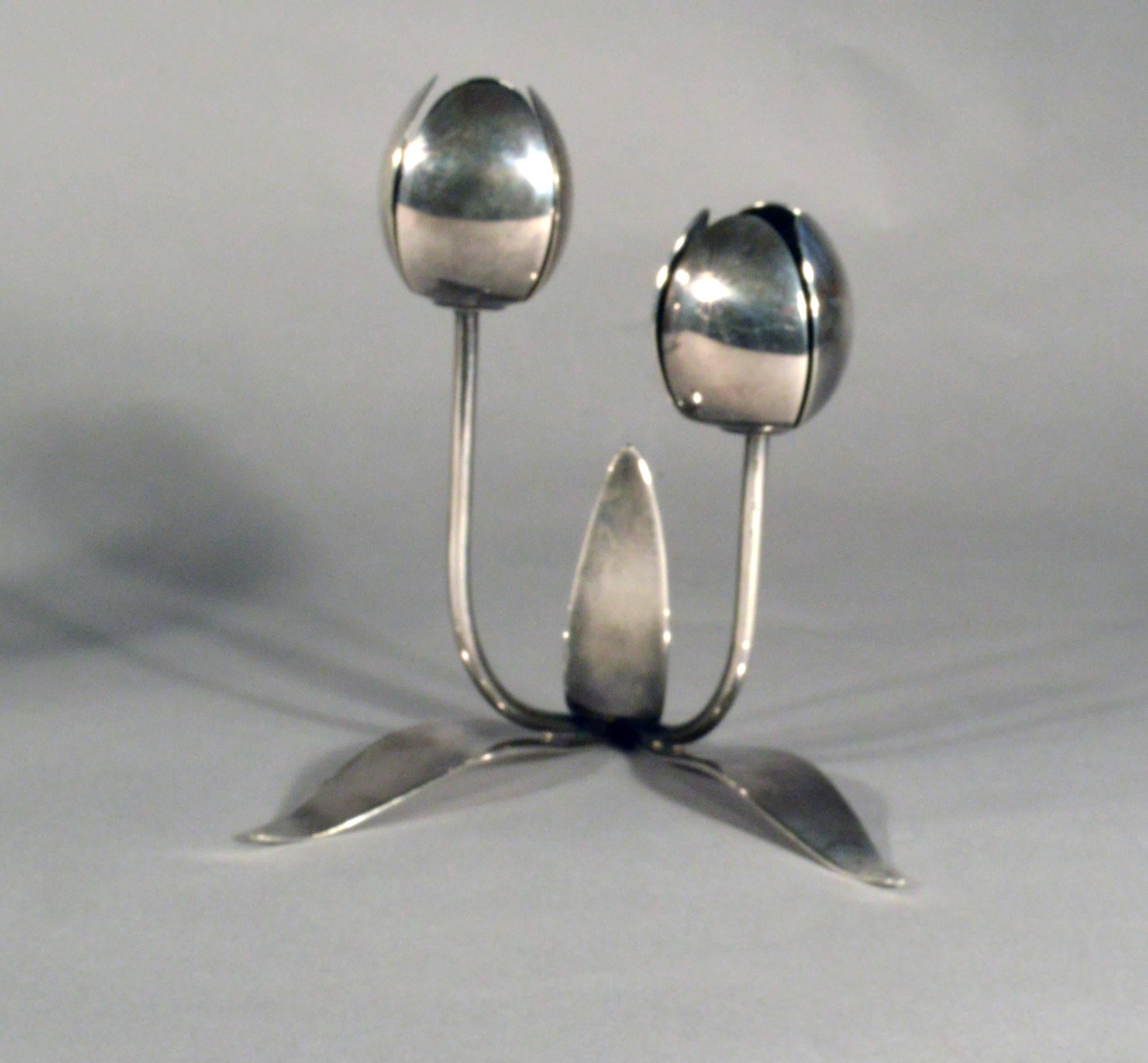 Pair of Norwegian Midcentury Double Silver- Plated Candleholders, Astri Holthe In Good Condition In Downingtown, PA