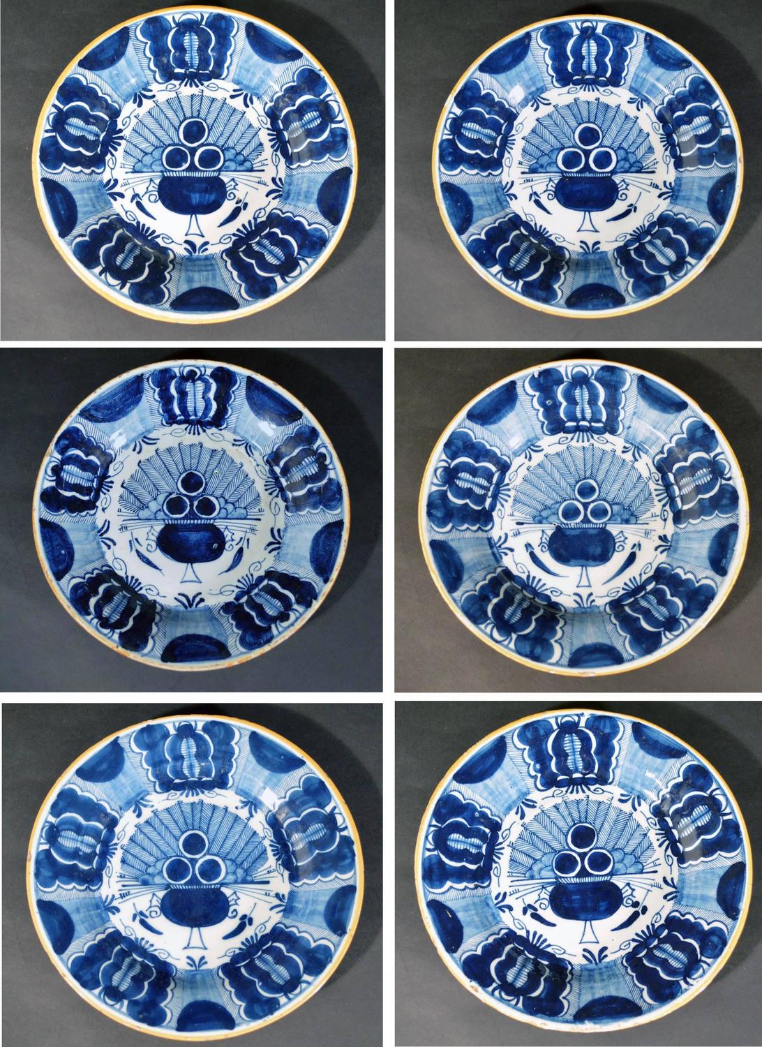 Dutch Delft Underglaze Blue Chinoiserie Peacock or Fan Pattern Set of
