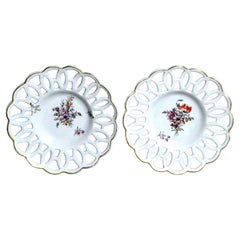 18th Century English Porcelain Chelsea Gold Anchor Latticed Botanical Dishes