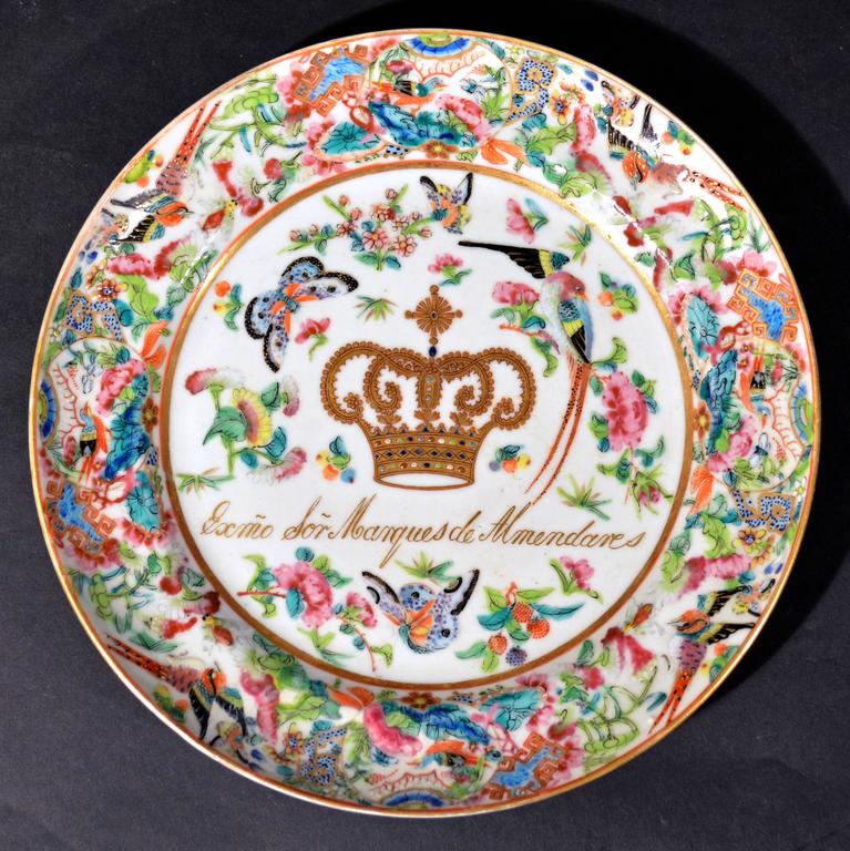 The arms on this Chinese Export armorial plate were made for the Cuban noble Marquis de Almendares Ignacio Herrera.

The plate is finely enameled in rose medallion with bird and lantern pattern. The centre decorated with gold coronet and inscription
