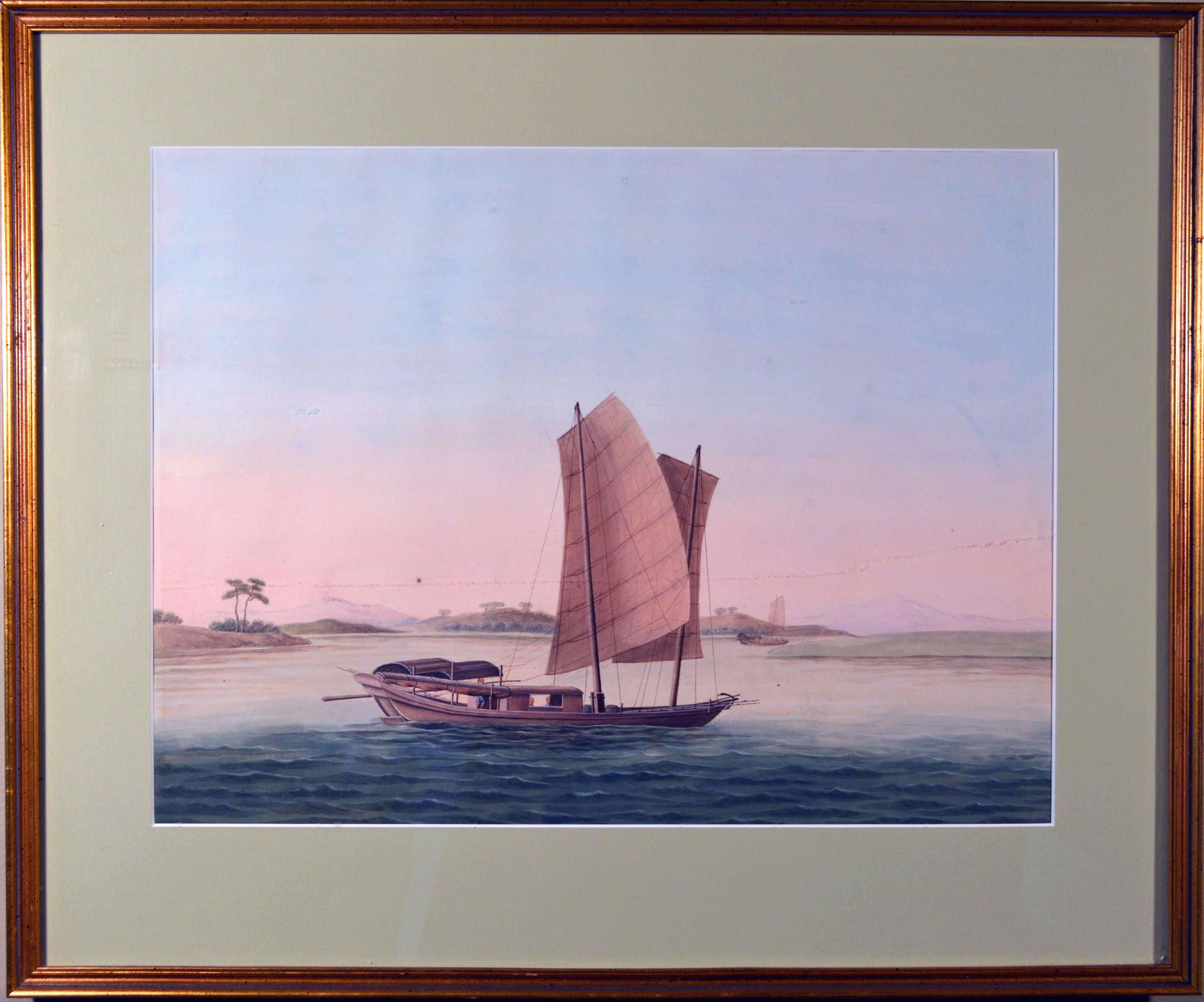 Chinese Export Chinese Watercolor of a Sampan on Paper, circa 1800 For Sale