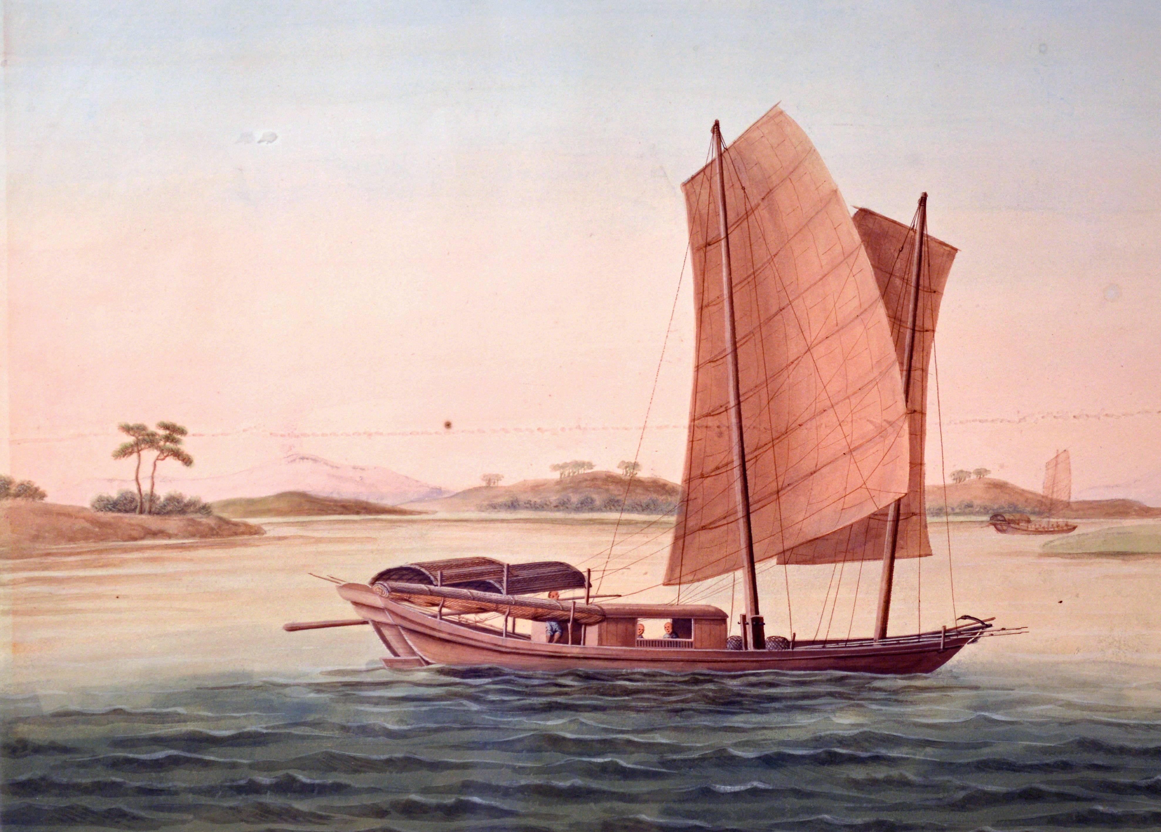 Chinese Watercolor of a Sampan on Paper, circa 1800 In Good Condition For Sale In Downingtown, PA