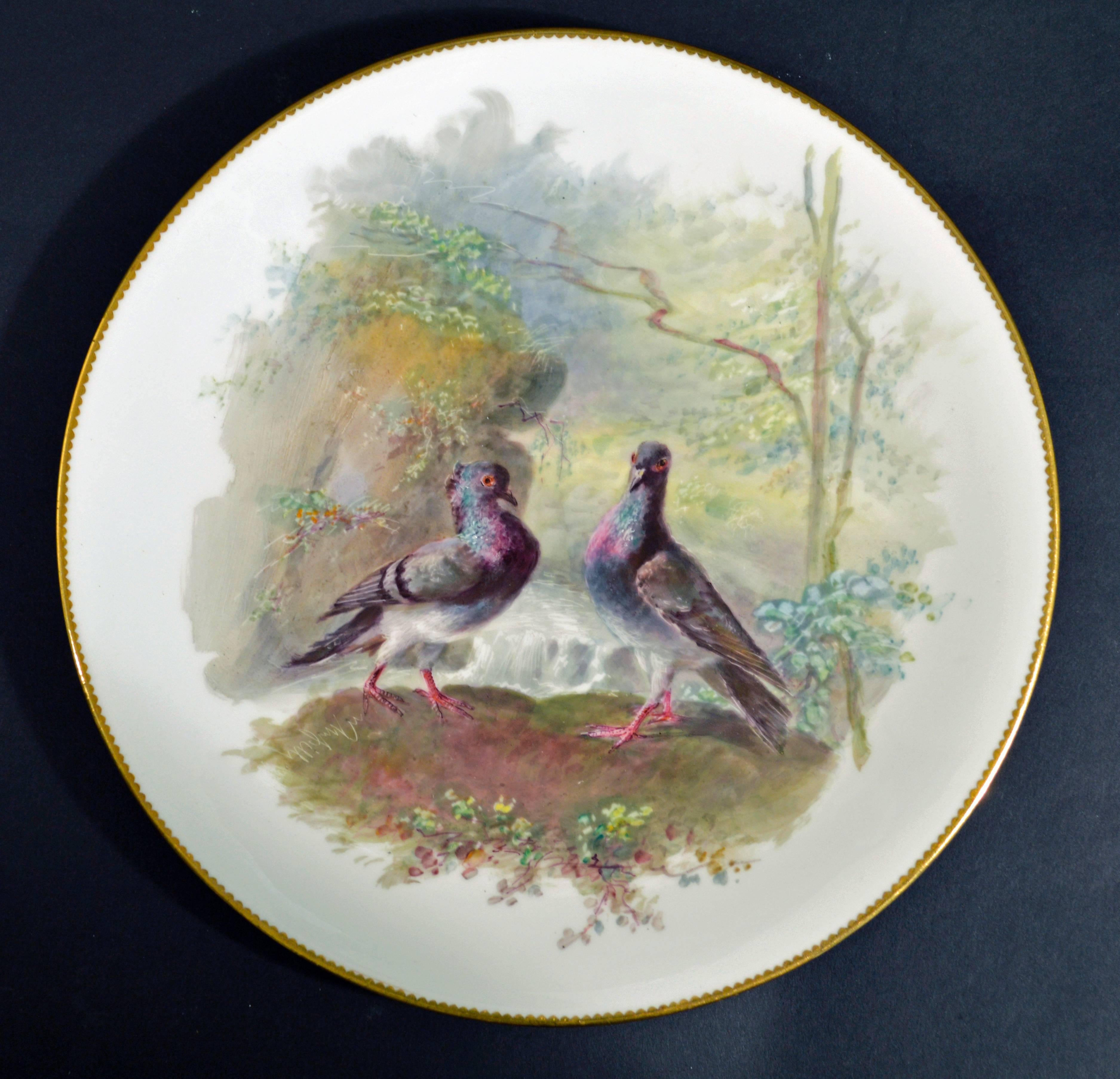 Victorian Thomas Minton Porcelain Bird Cabinet Plates, Signed by William Mussil.