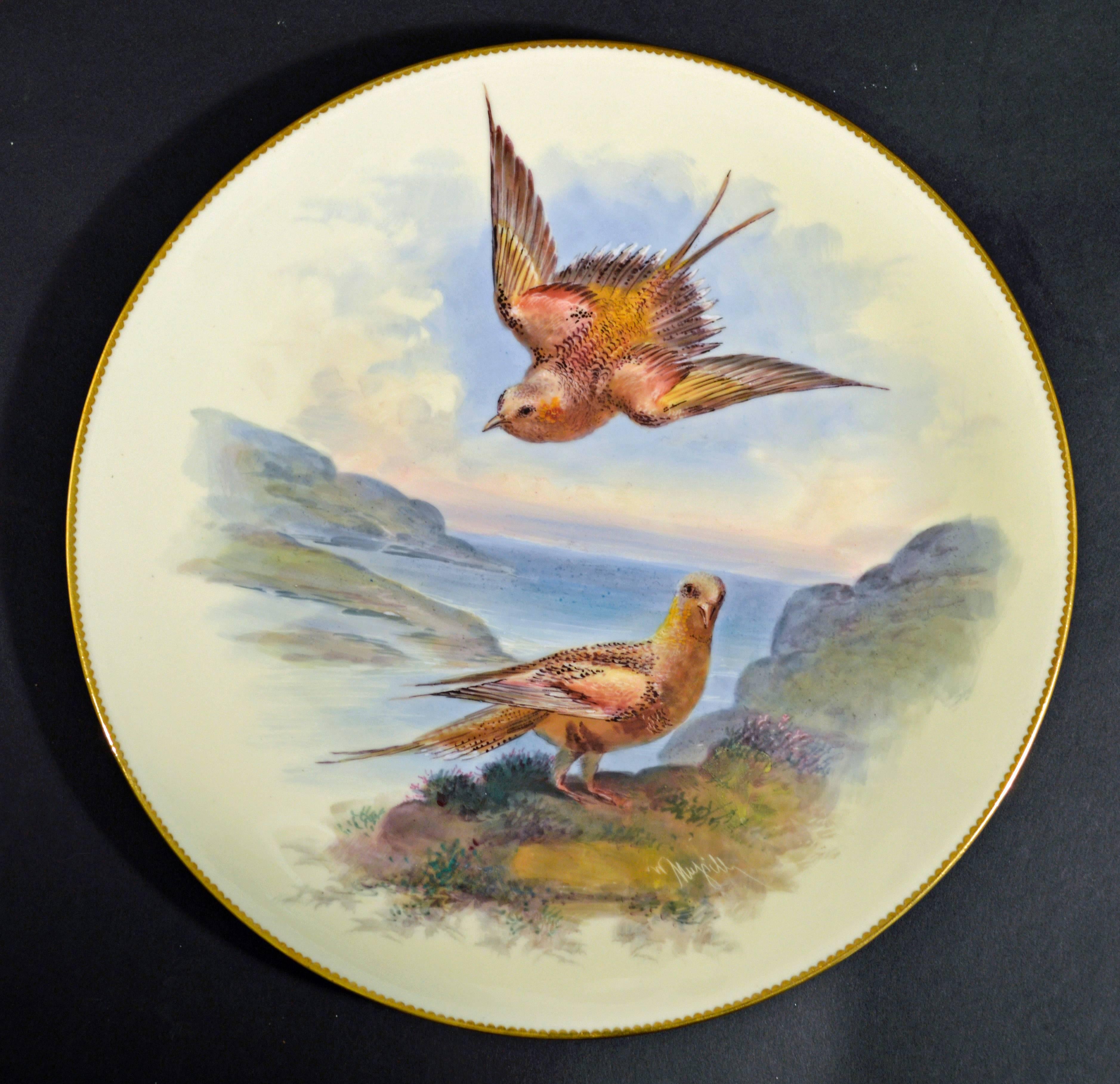 British Thomas Minton Porcelain Bird Cabinet Plates, Signed by William Mussil.