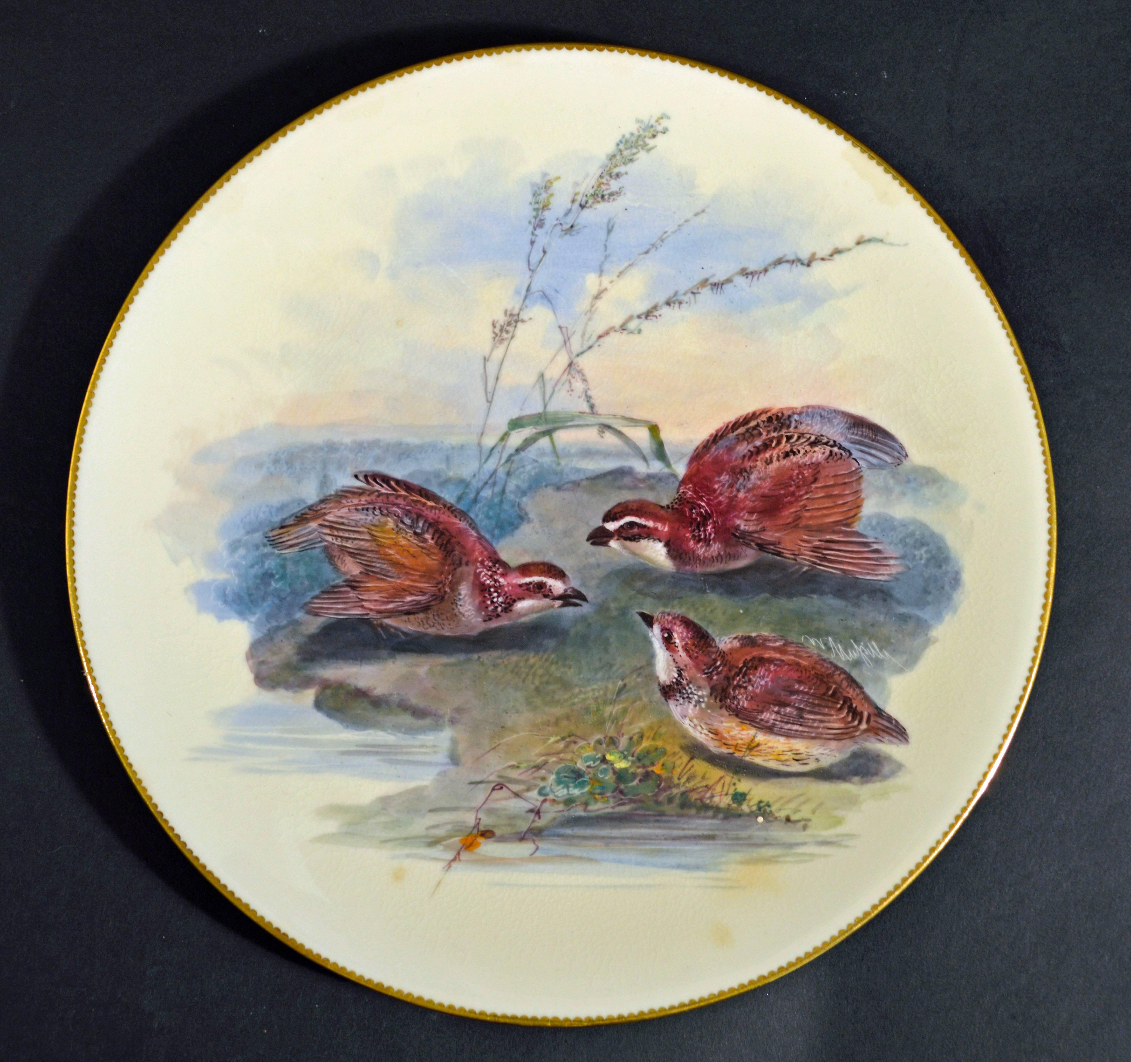 Thomas Minton Porcelain Bird Cabinet Plates, Signed by William Mussil. In Excellent Condition In Downingtown, PA