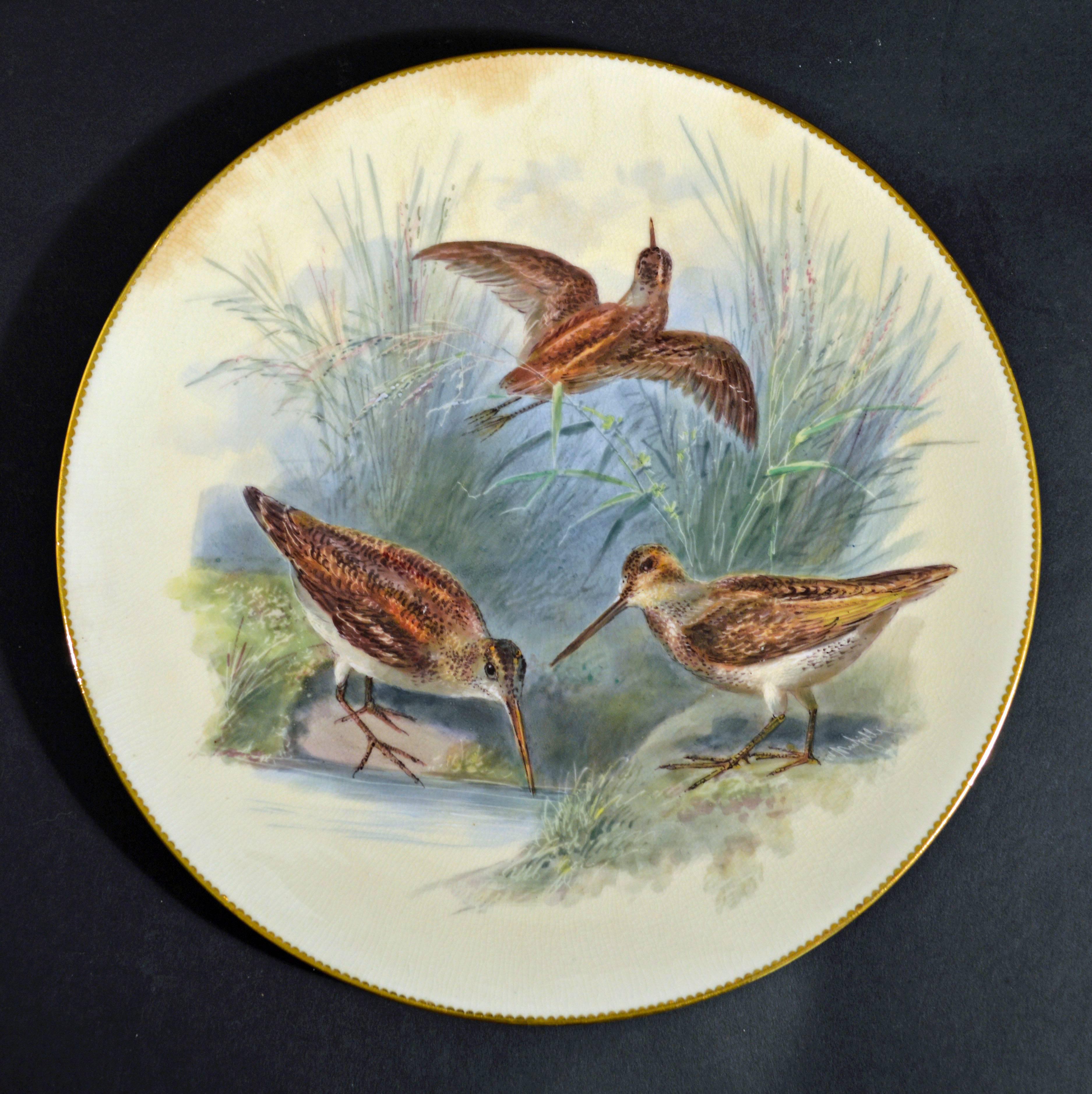 19th Century Thomas Minton Porcelain Bird Cabinet Plates, Signed by William Mussil.