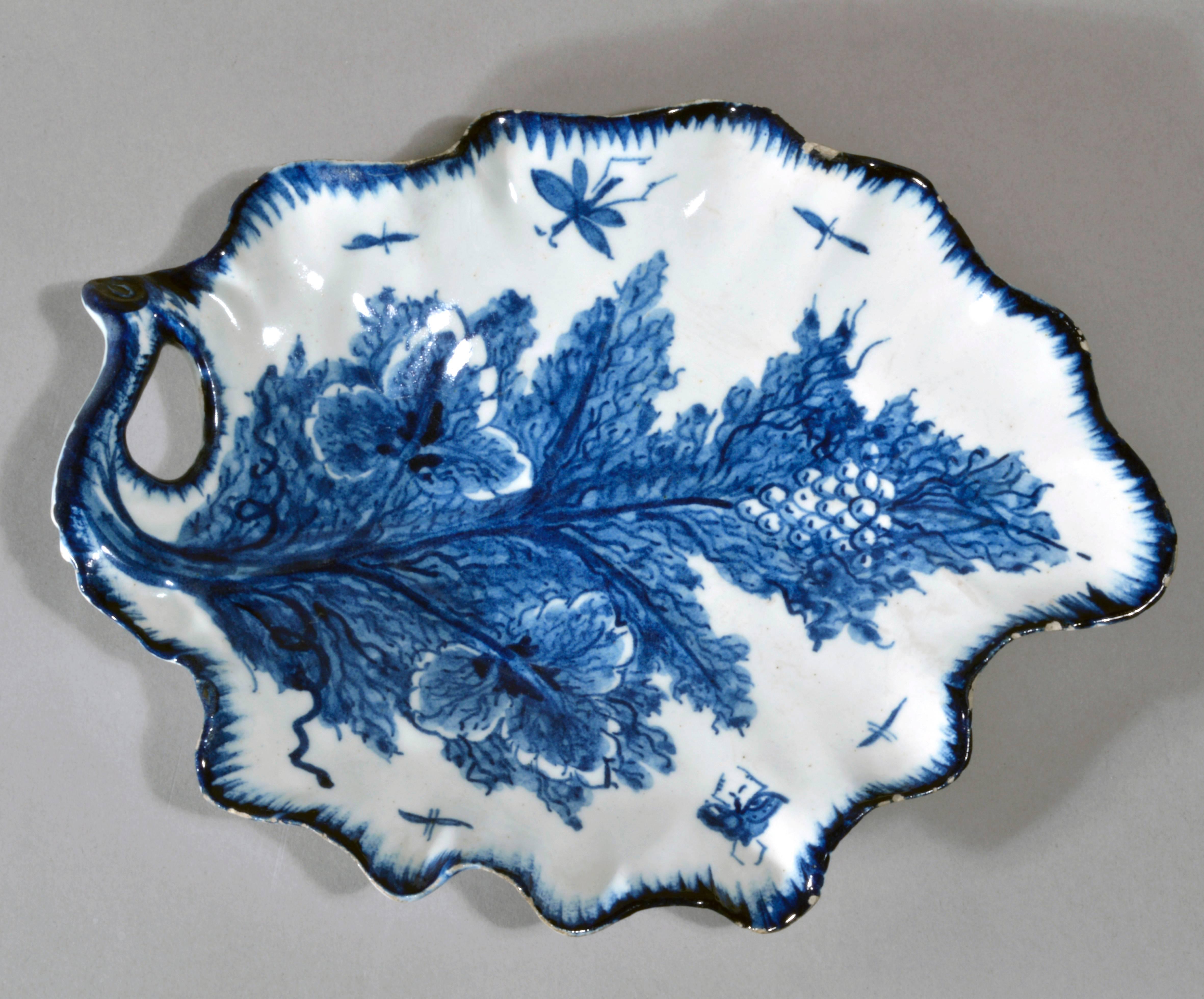 Georgian Bow Porcelain Underglaze Blue Trompe L'oeil Leaf Dishes, Circa 1765