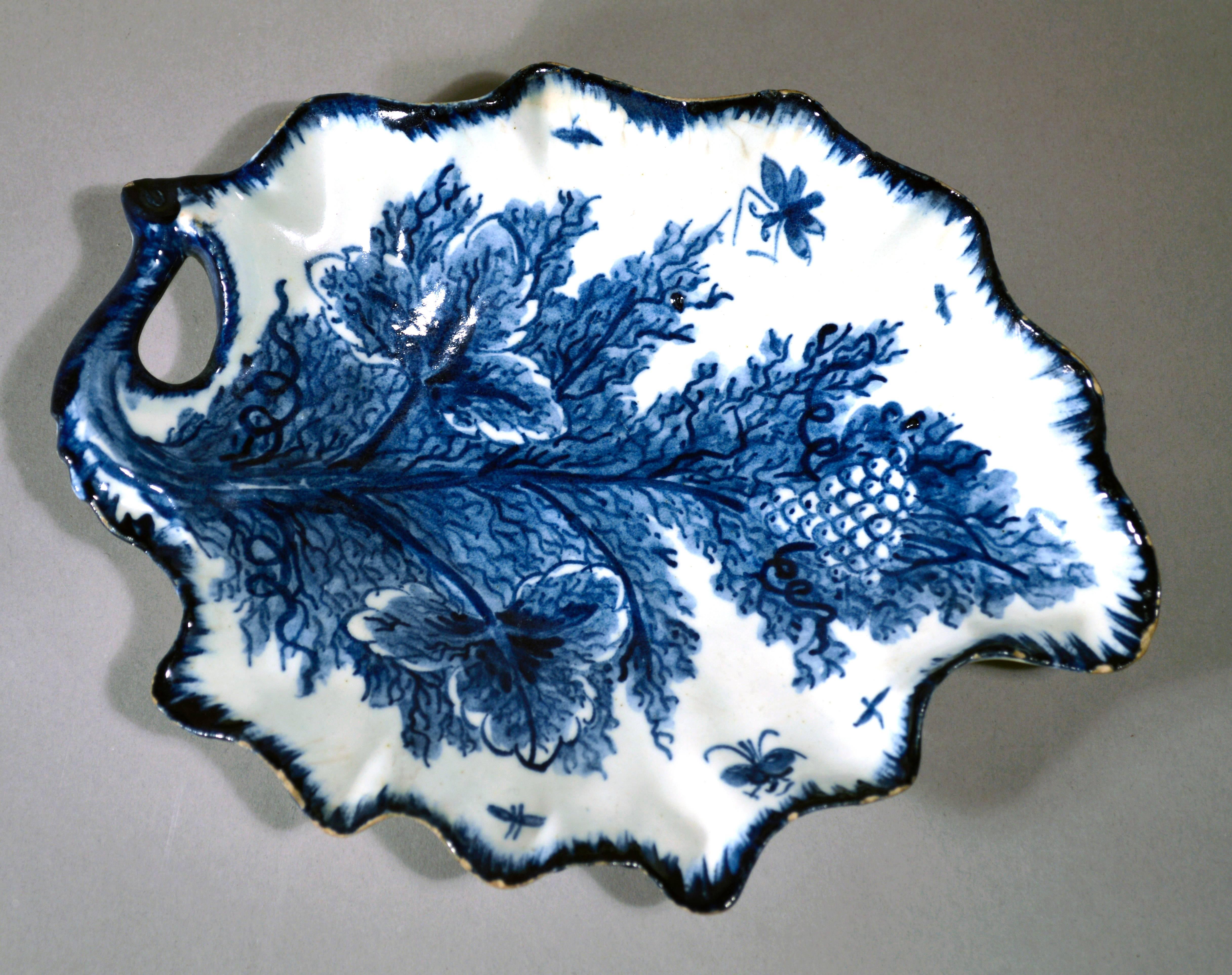 English Bow Porcelain Underglaze Blue Trompe L'oeil Leaf Dishes, Circa 1765