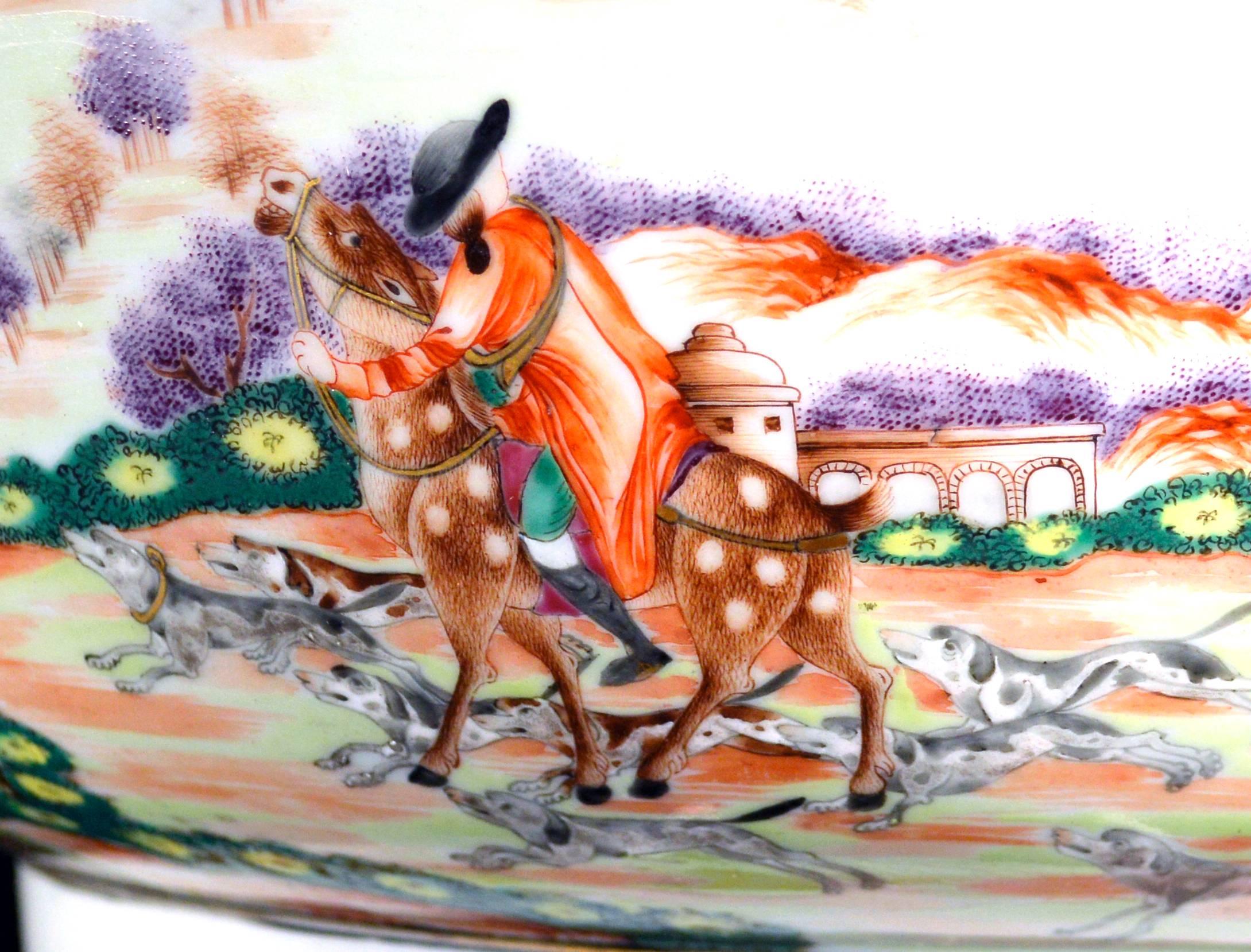 Hand-Painted Chinese Export Famille Rose Hunt Bowl with European Figures