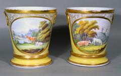 Coalport Porcelain Yellow Cache Pots and Stands with Pastoral Scenes of Cows