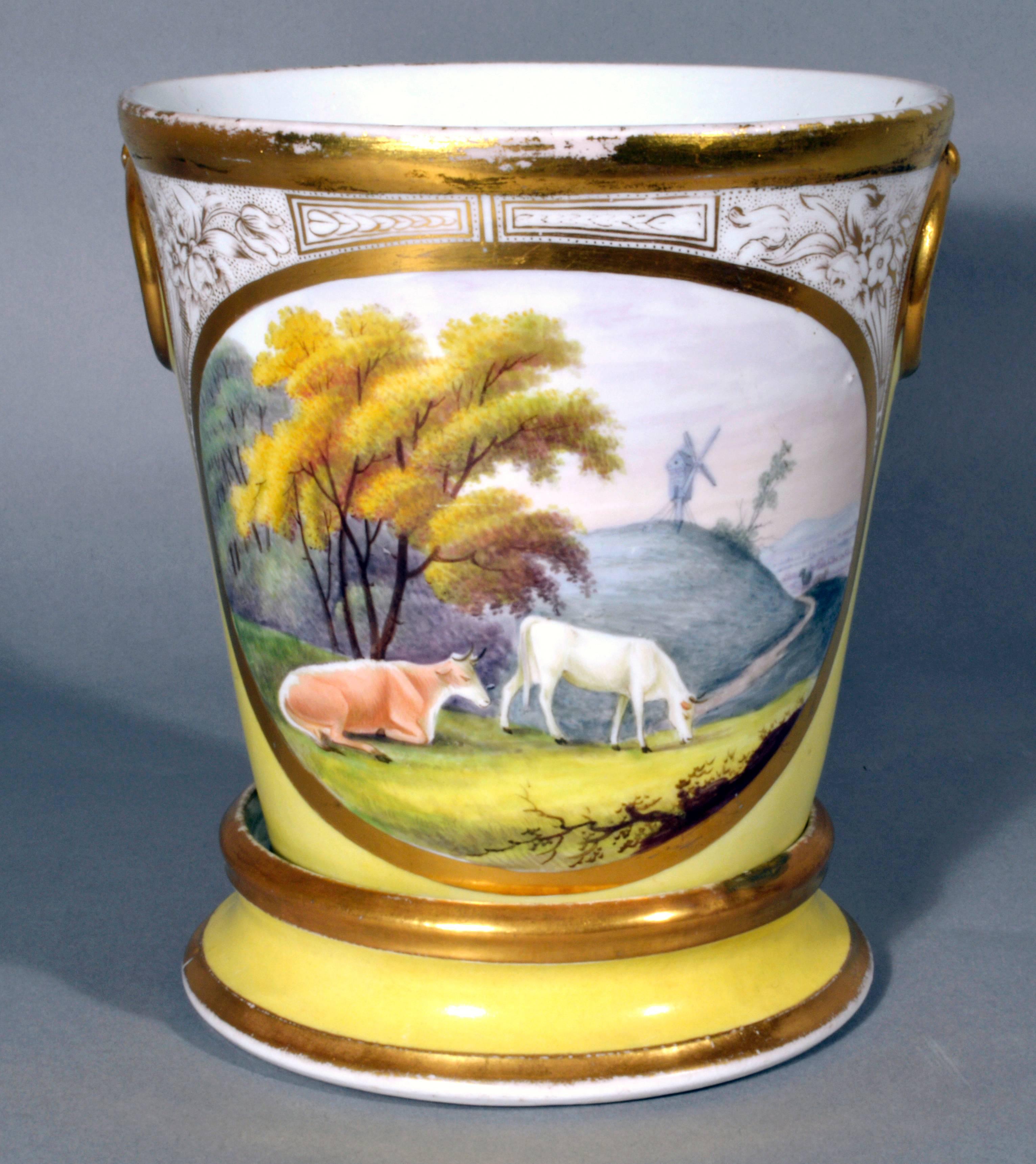English Coalport Porcelain Yellow Cache Pots and Stands with Pastoral Scenes of Cows