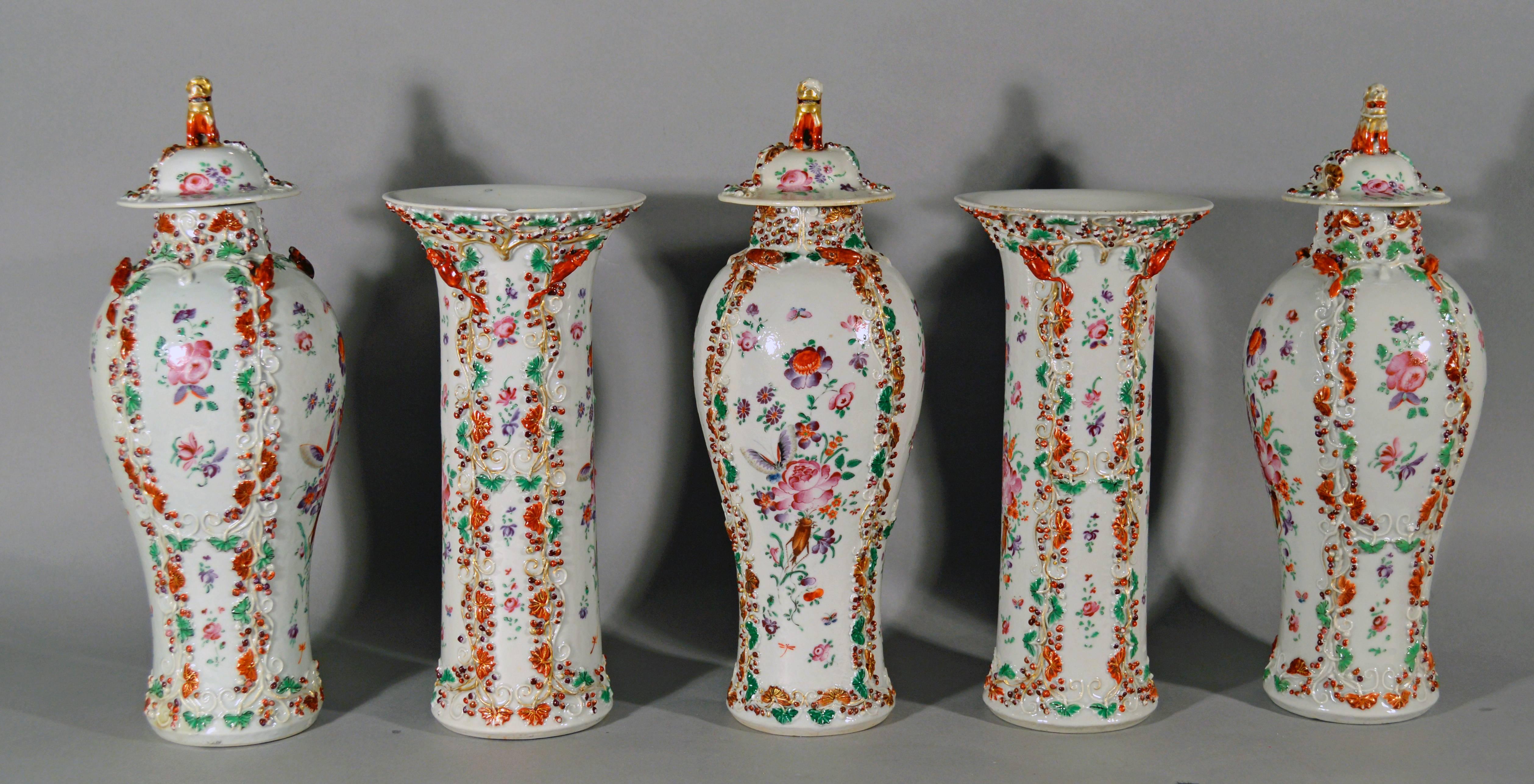 Hand-Painted 18th Century Chinese Export Five-Piece Famille Rose Porcelain Garniture of Vases