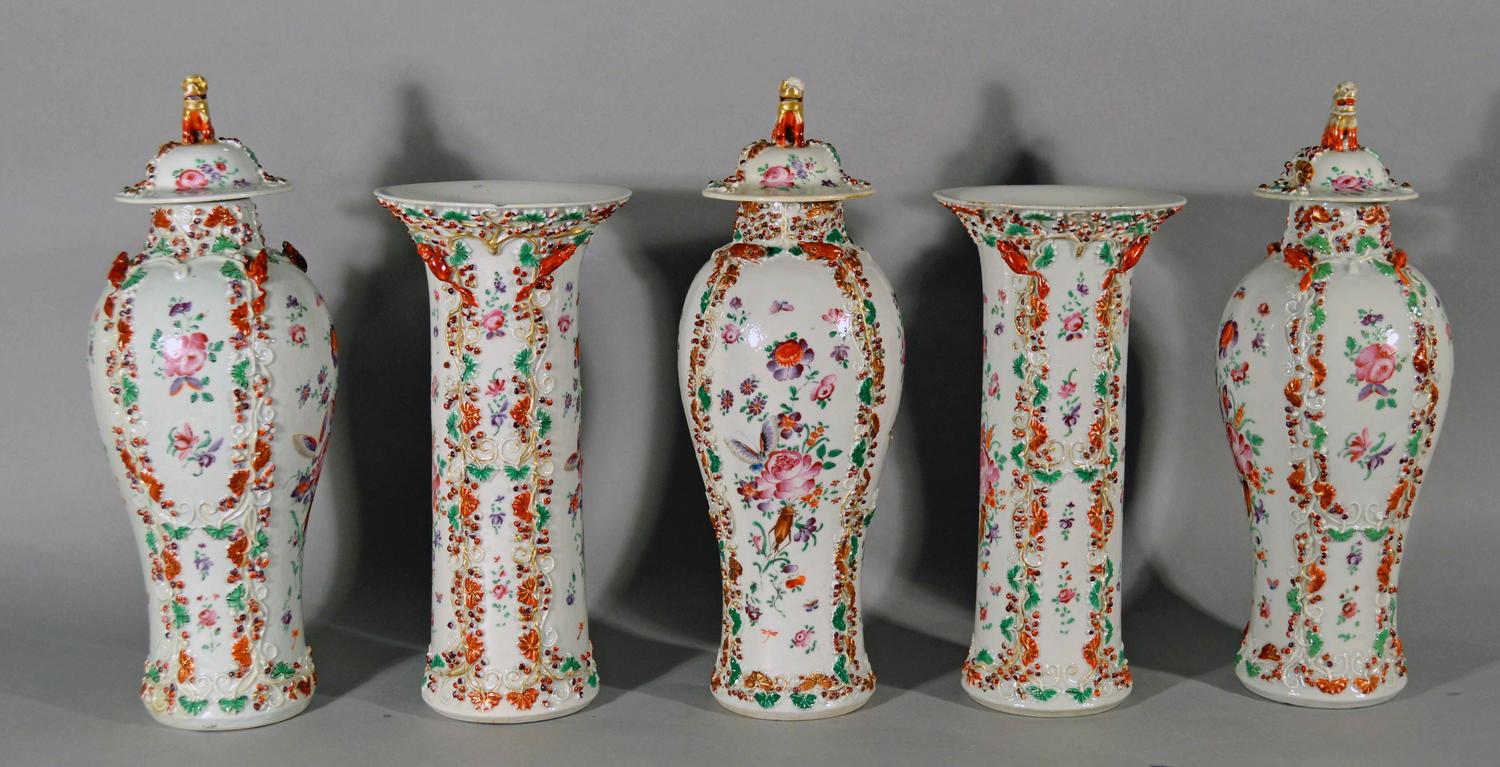 Chinese Export FivePiece Famille Rose Porcelain Garniture of Vases For