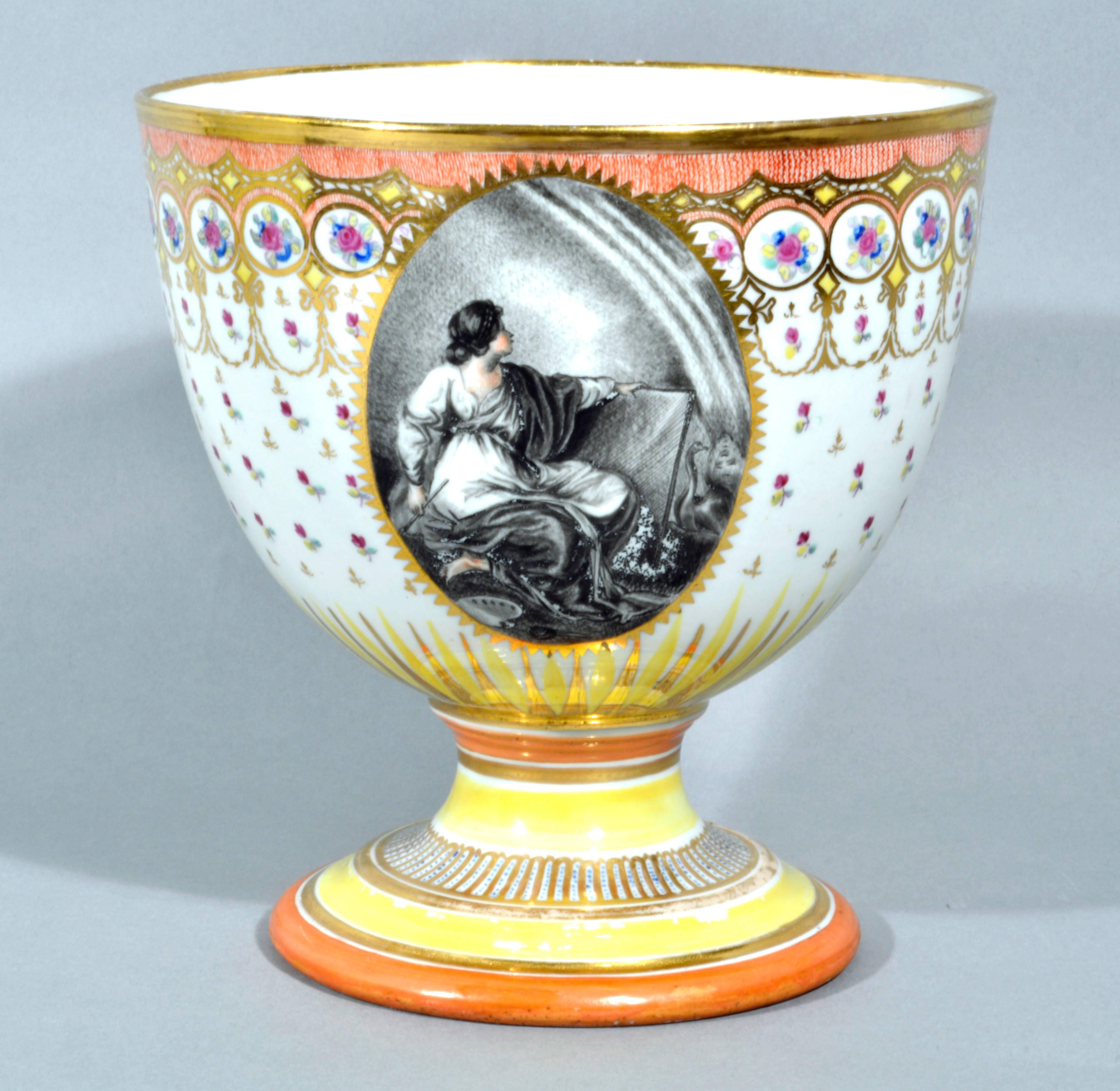 The large Regency Neoclassical, Humphrey Chamberlain decorated, Chamberlain Worcester Goglet is painted with a grisaille painting by Humphrey Chamberlain after Angelia Kauffman painting of the figure of design.

The large goblet has a central oval