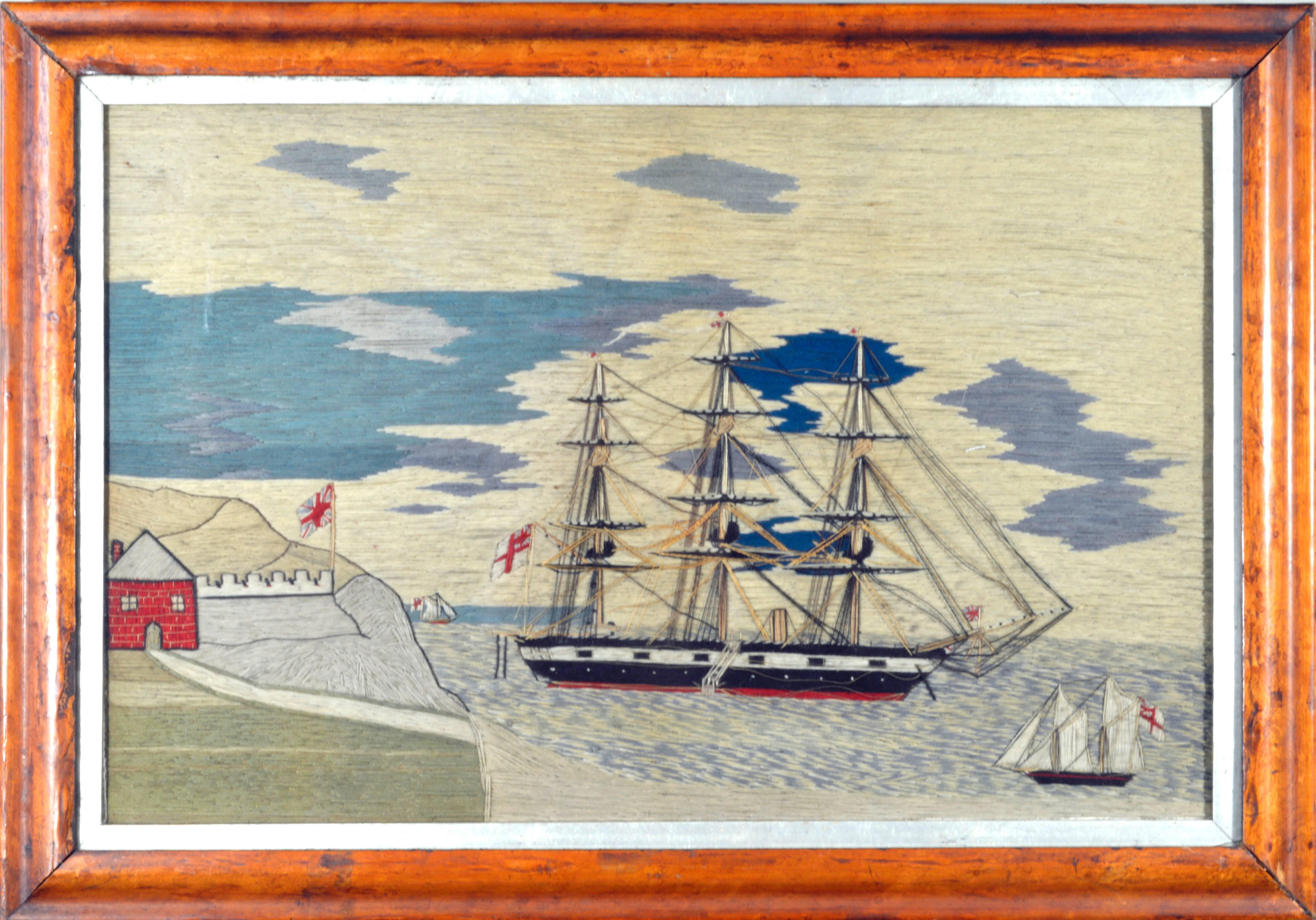 English Sailor's Woolwork Woolie of a Royal Navy Ship in a Harbor Bay