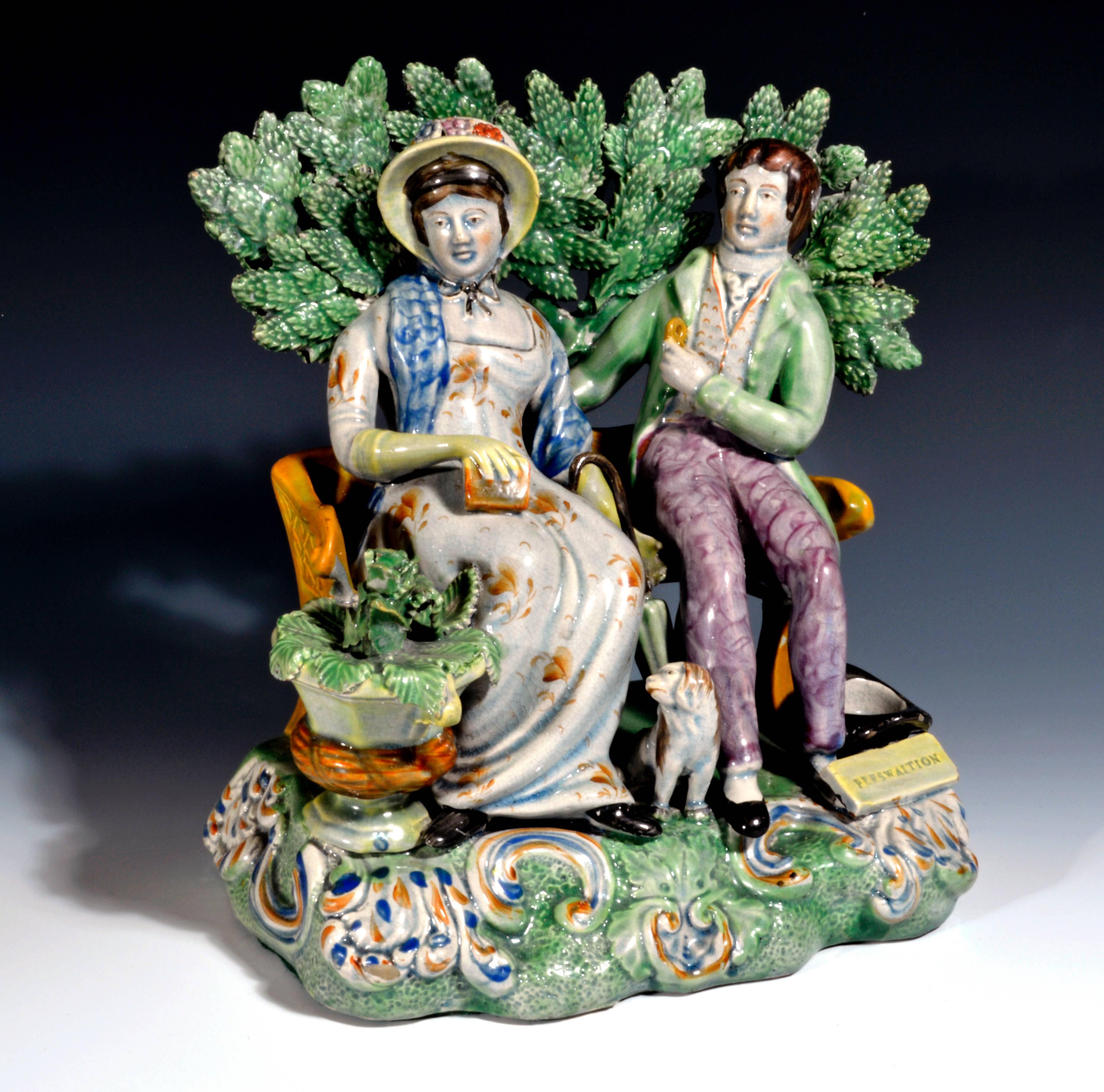 English Staffordshire Pottery Figure Group Persuasion by the Patriotic Group Pot Maker.