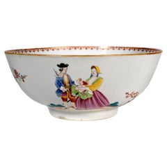 Cuenco de ponche de porcelana china de exportación: «La despedida y el regreso del marinero» con un buque de la Marina Real Británica