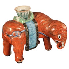 Chinese Export Porcelain Canton Famille Rose Iron-Red Elephant Candlestick