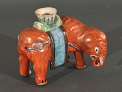 Chinese Export Porcelain Canton Famille Rose Iron-Red Elephant Candlestick