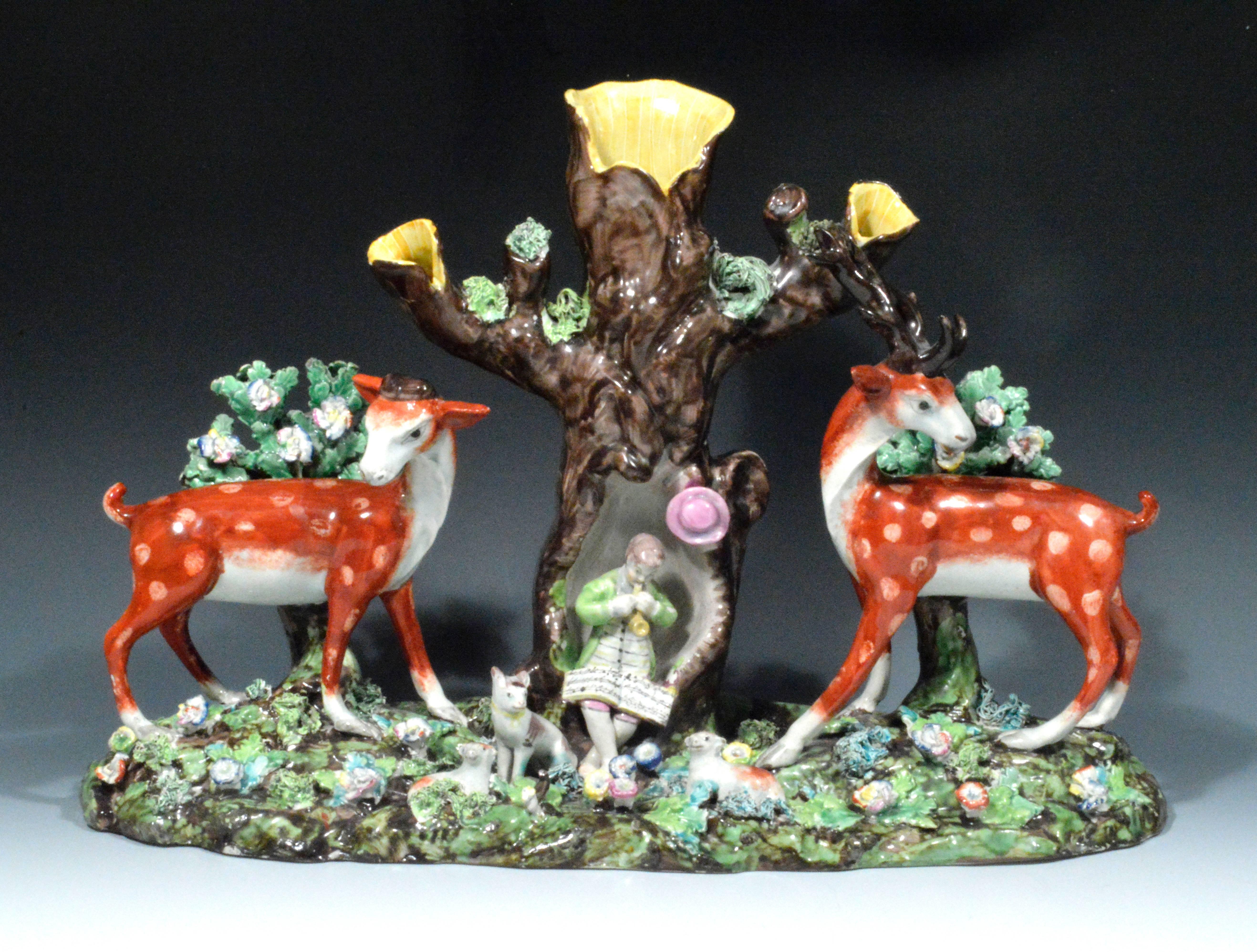 Staffordshire Pearlware Large & Rare Double Deer Group In Good Condition In Downingtown, PA