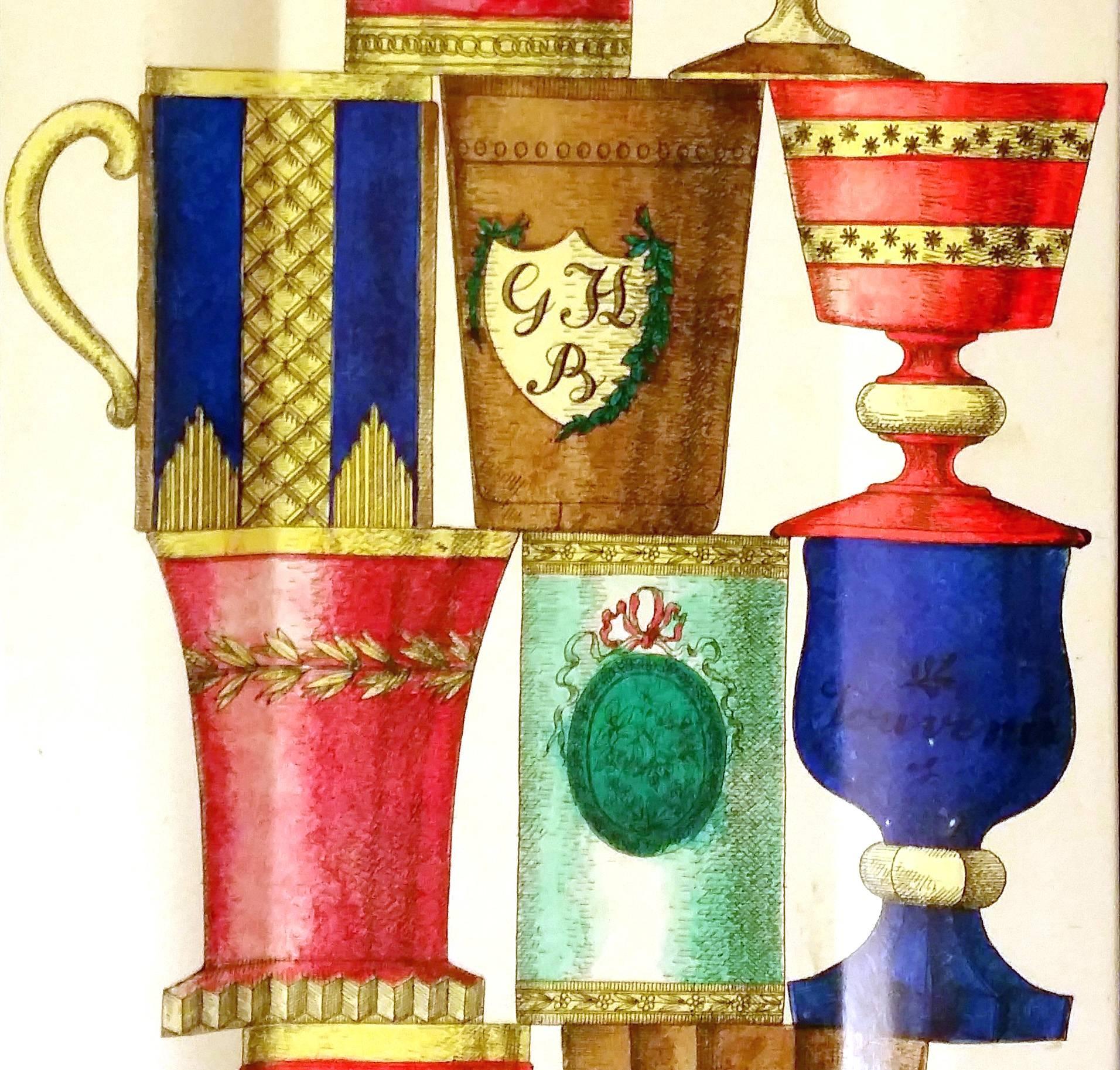 Mid-Century Modern Piero Fornasetti Metal Tray with the Bicchieri di Boemia Pattern- Bohemian Glass