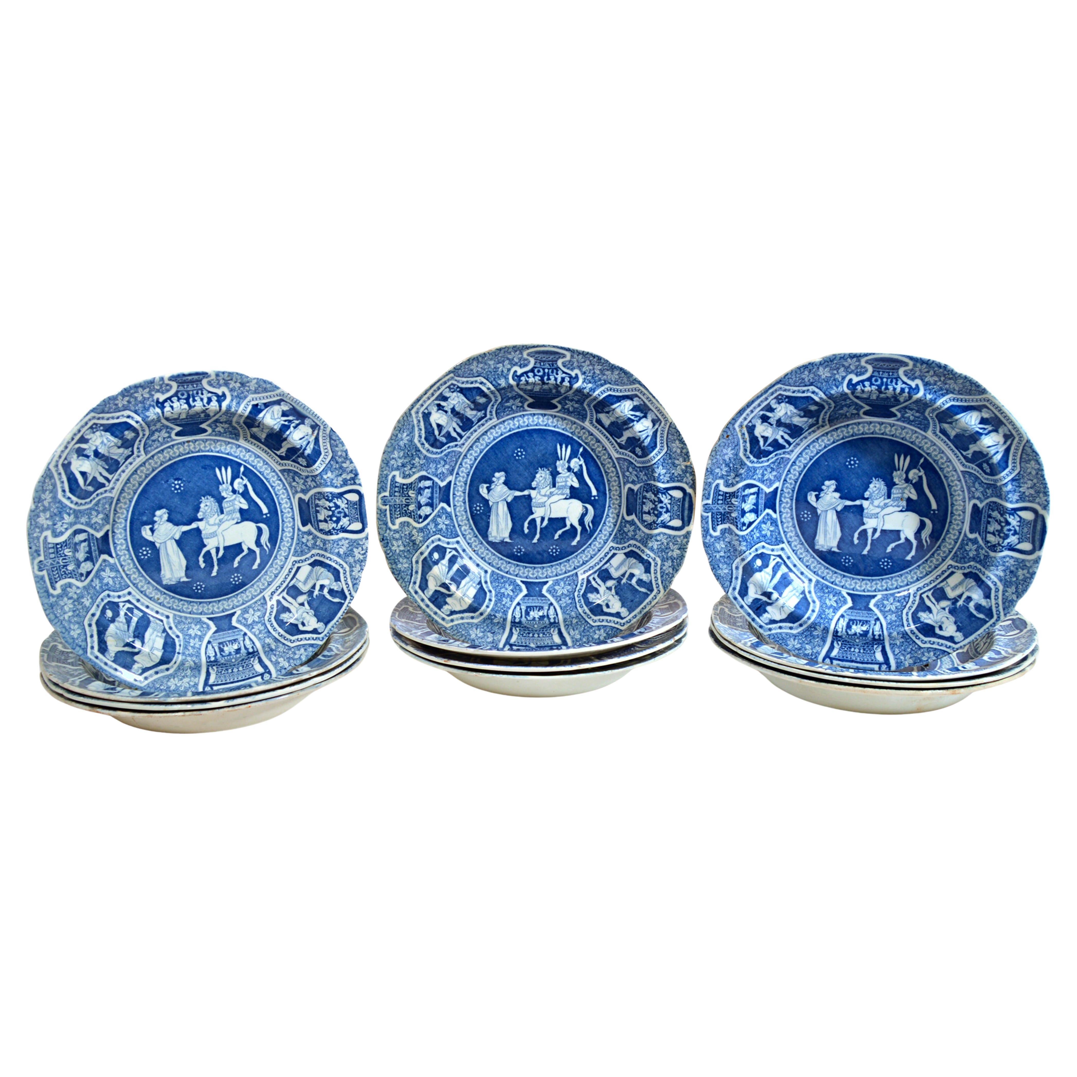 Ten Spode Neo-Classical Greek Pattern Blue Soup Plates