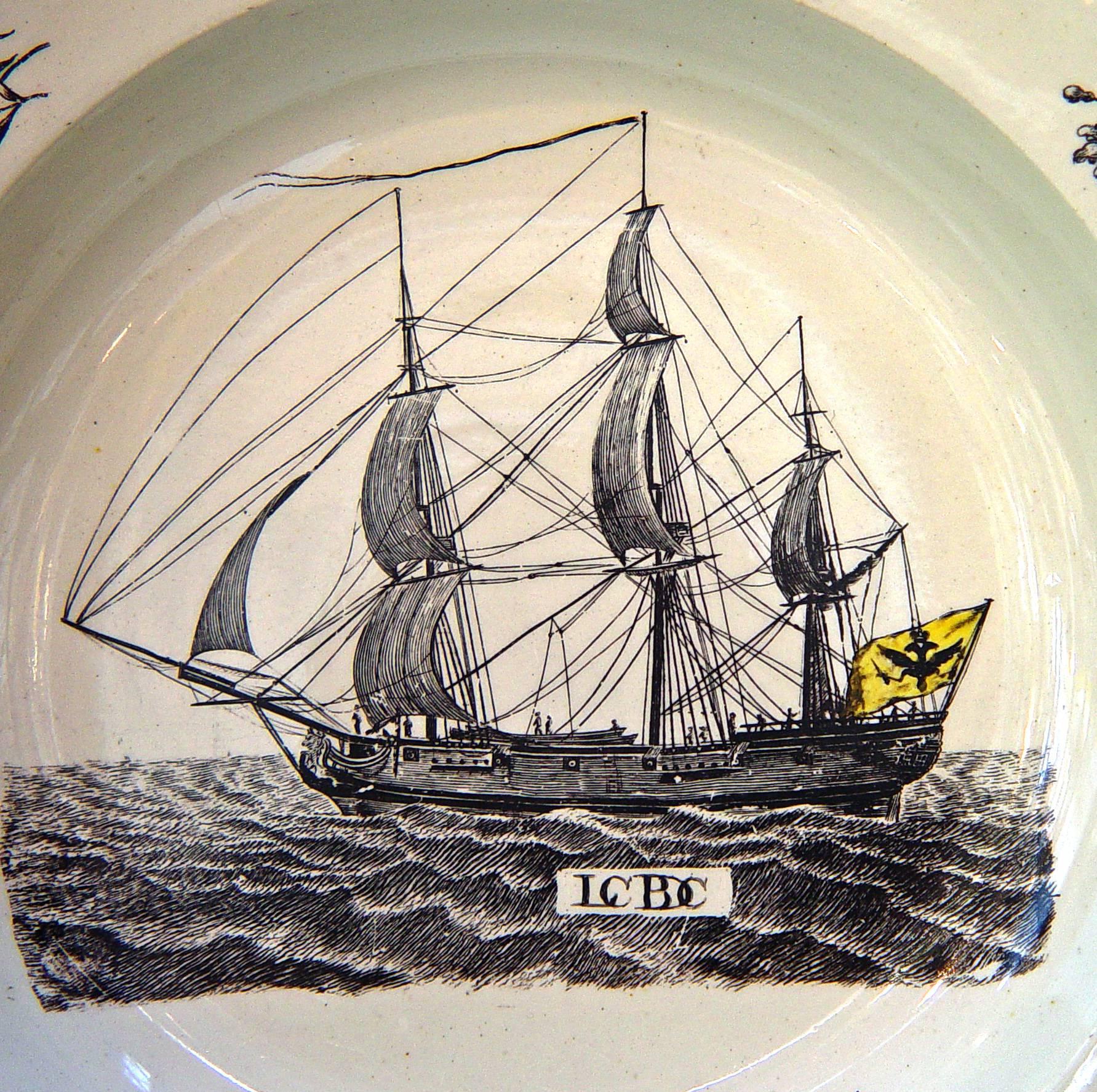 Georgian Wedgwood Creamware Soup Plate with German Ship Decoration. For Sale