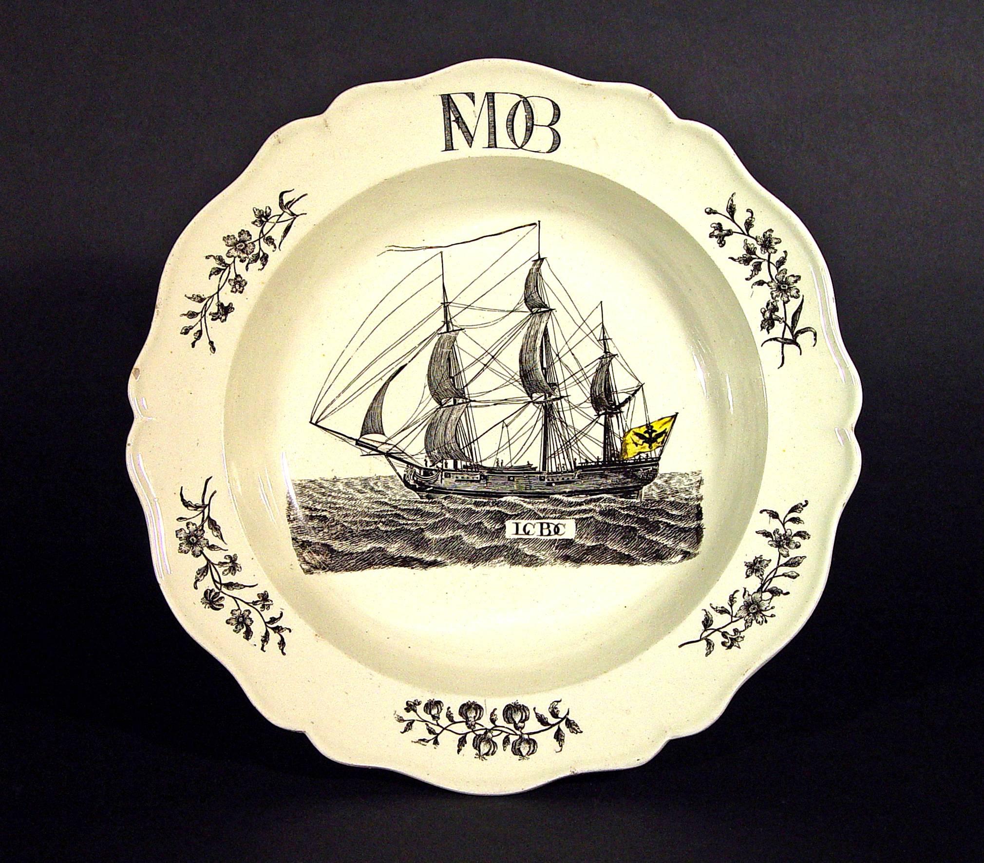 The ship is flying the flag of the last German Emperor of the Holy Roman Empire, Francis II ,
Circa 1775-1790.

The rare Wedgwood creamware plate depicts a naval vessel flying the flag of the last German Emperor of the Holy Roman Empire, Francis II