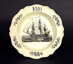 18th-century Wedgwood Creamware Soup Plate with German Ship Decoration.