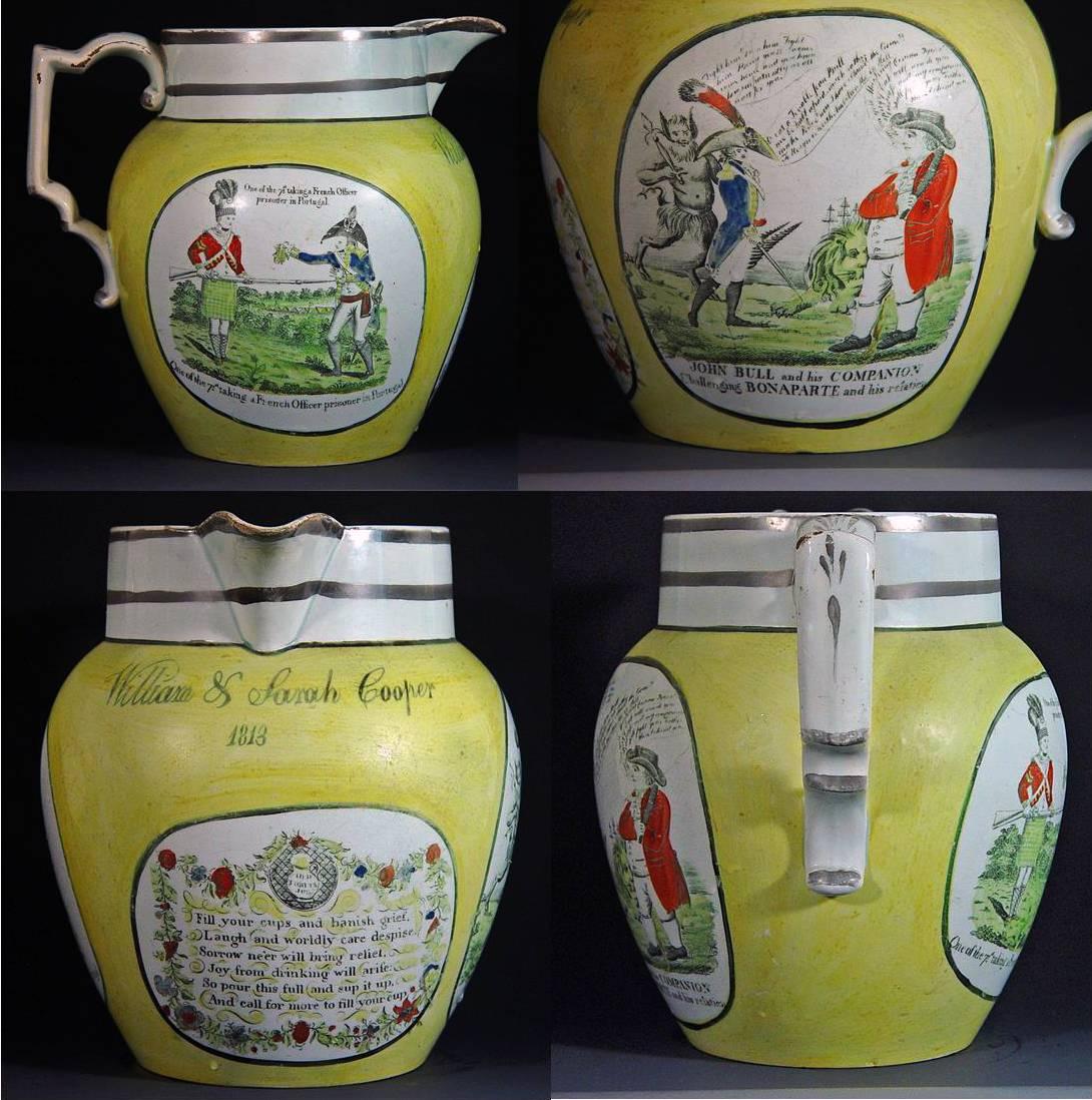 The pearlware jug with Napoleonic cartons to each side also has the names-William & Sarah Cooper and the date 1813 below under the spout. 

The jug has a yellow ground with a white ground around the neck with two silver lustre bands encircling the