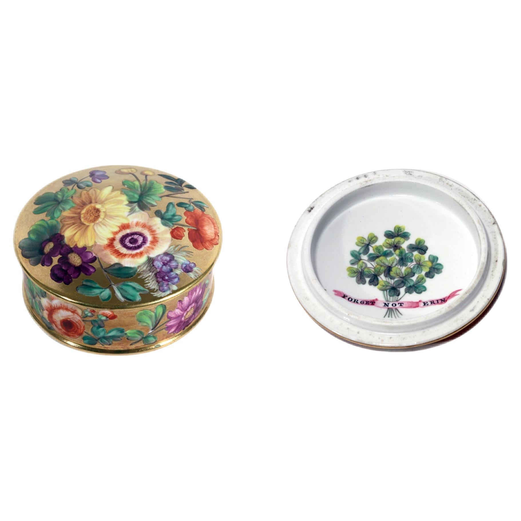 English Porcelain Patch Box with Irish References, ""Forget Not Erin" Motto For Sale