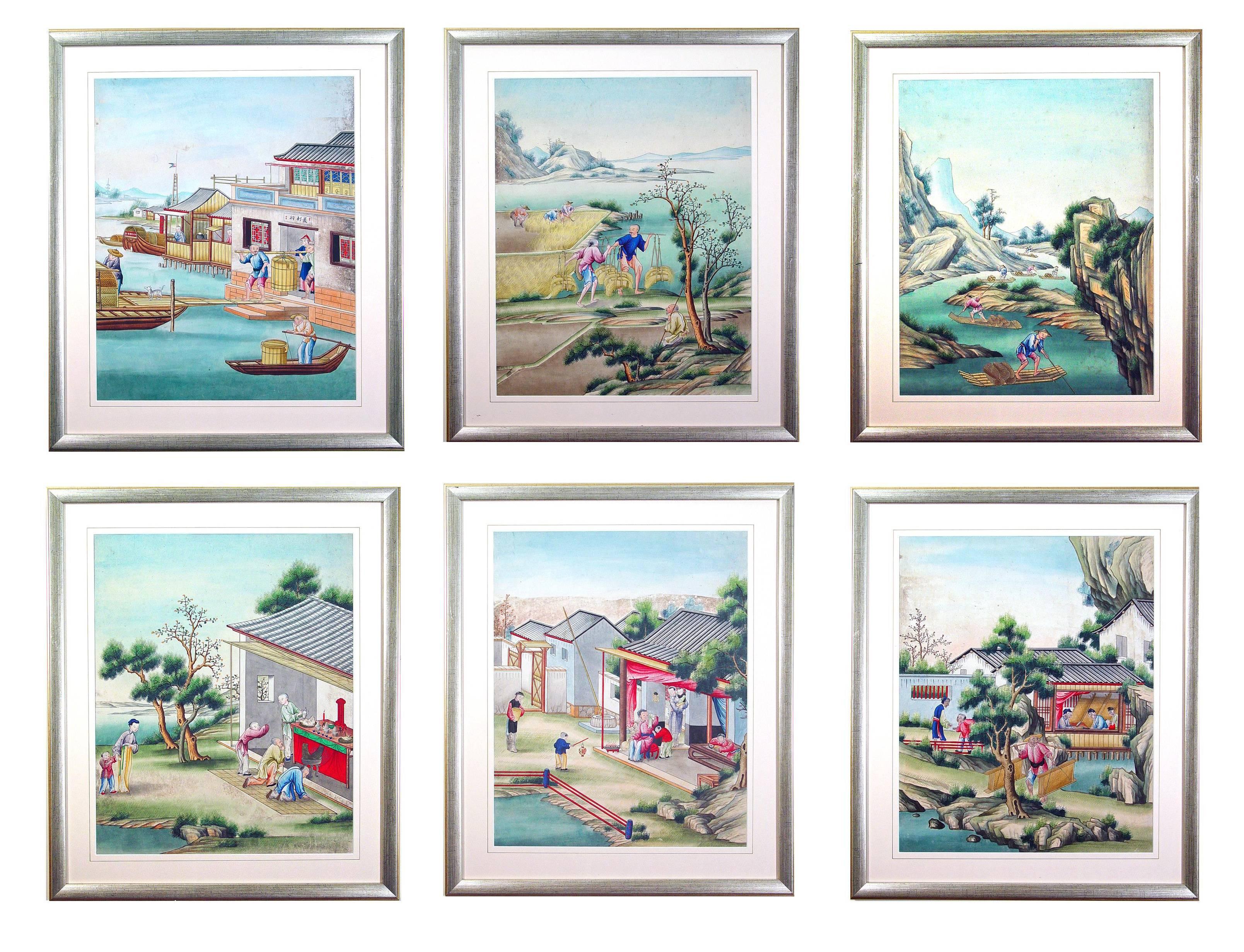 The particularly large Chinese watercolor and gouache paintings on paper depict various scenes of everyday Chinese life. All are framed and glazed.

These can be sold in smaller numbers- individually or as pairs.