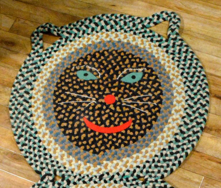 American Folk Art Braided Rug in the Form of a Cat of Large Size. at