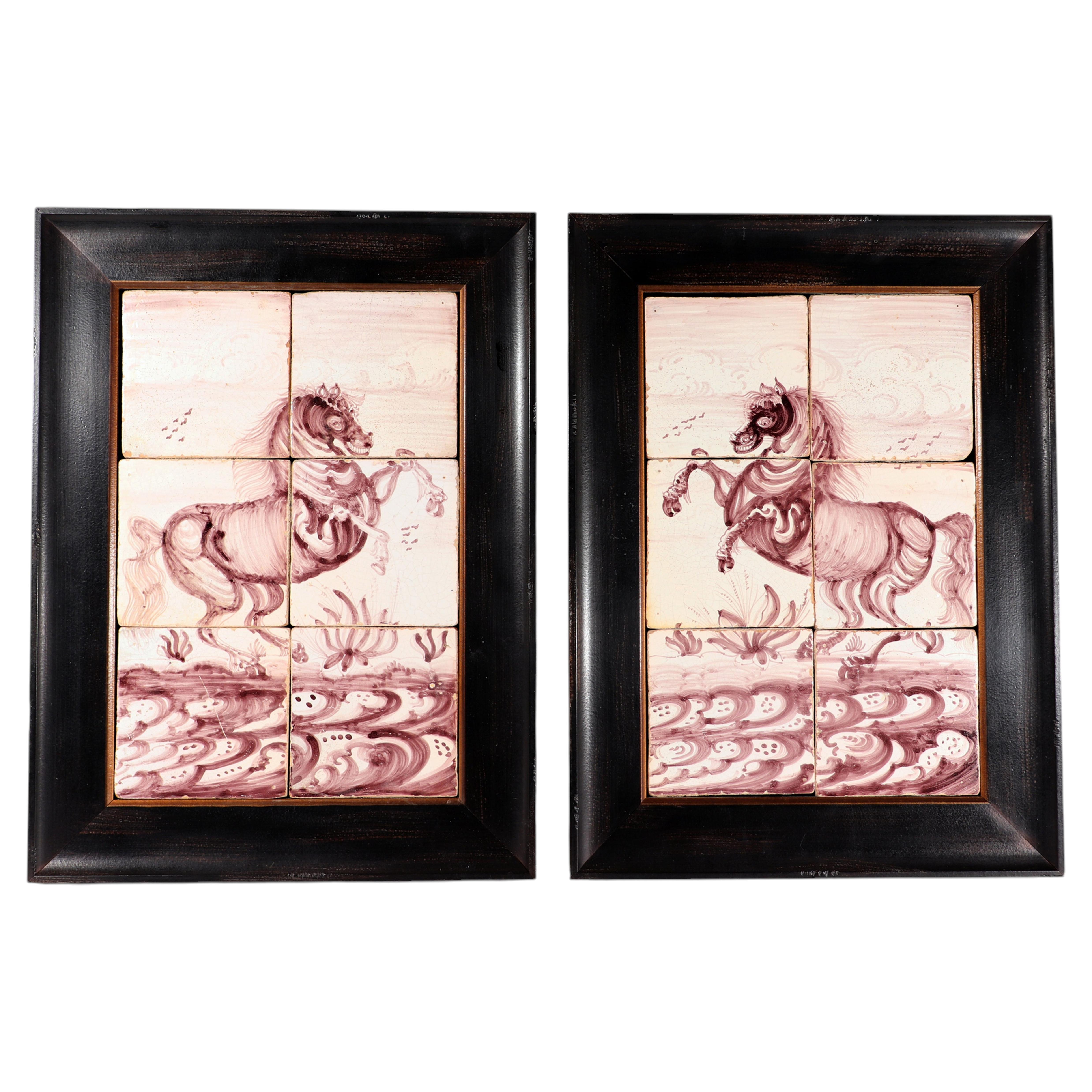 Dutch Delft Manganese Tile Pictures of Rearing Horses, Pair, 18th Century For Sale