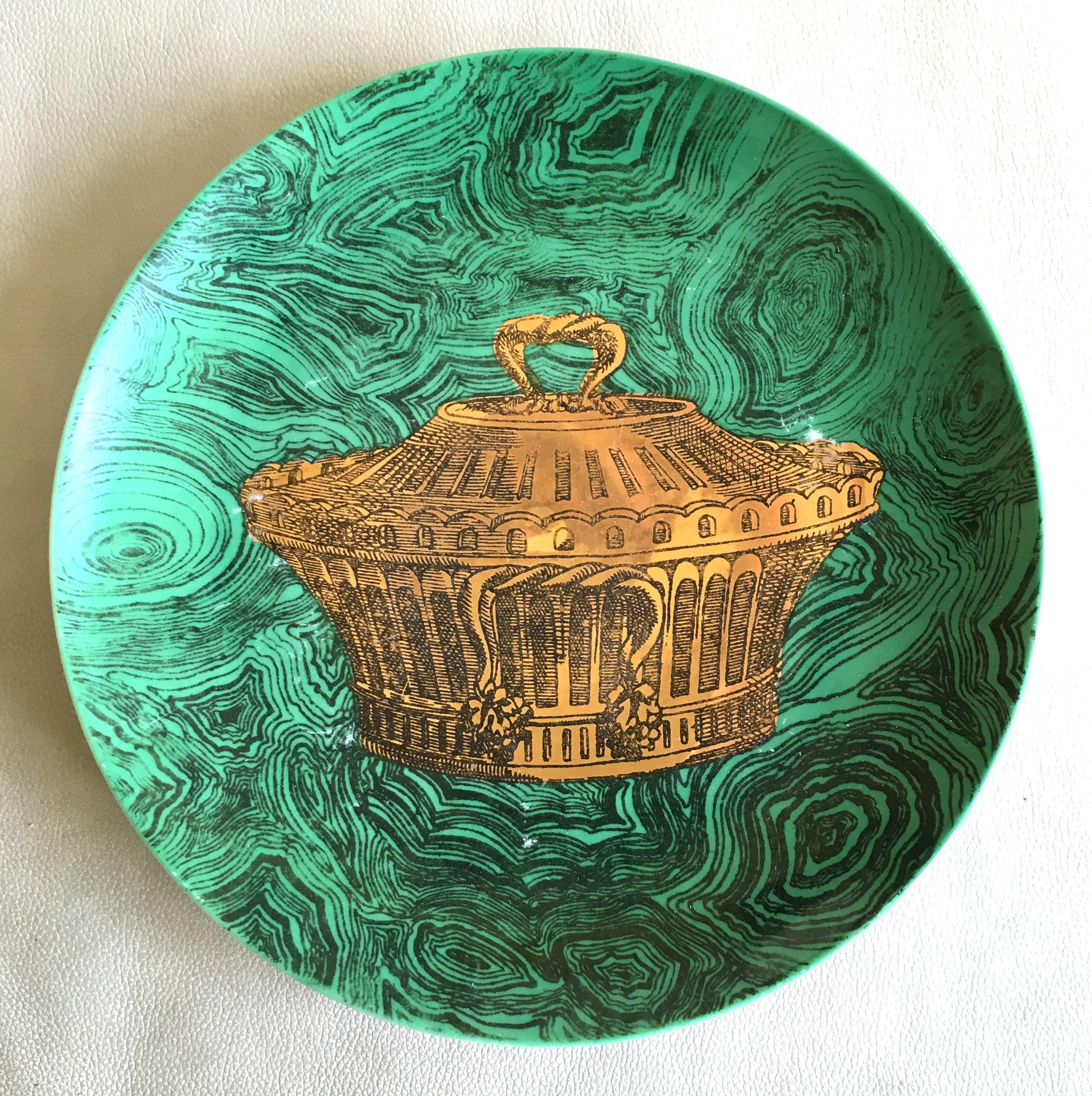 Piero Fornasetti Stoviglie Pattern Malachite Large Porcelain Plates In Good Condition In Downingtown, PA