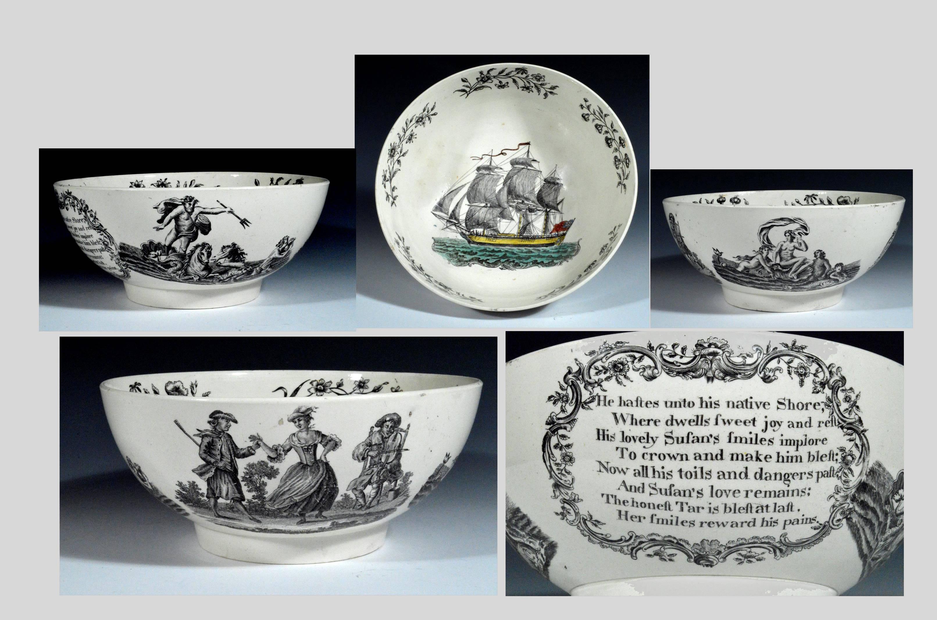 A remarkable Wedgwood & Co. creamware bowl with a printed British ship in the interior with hand colouring to flag and hull.  The exterior with scenes of the Birth of Venus after Francois Boucher (now in the Wallace Collection) and of Neptune on his