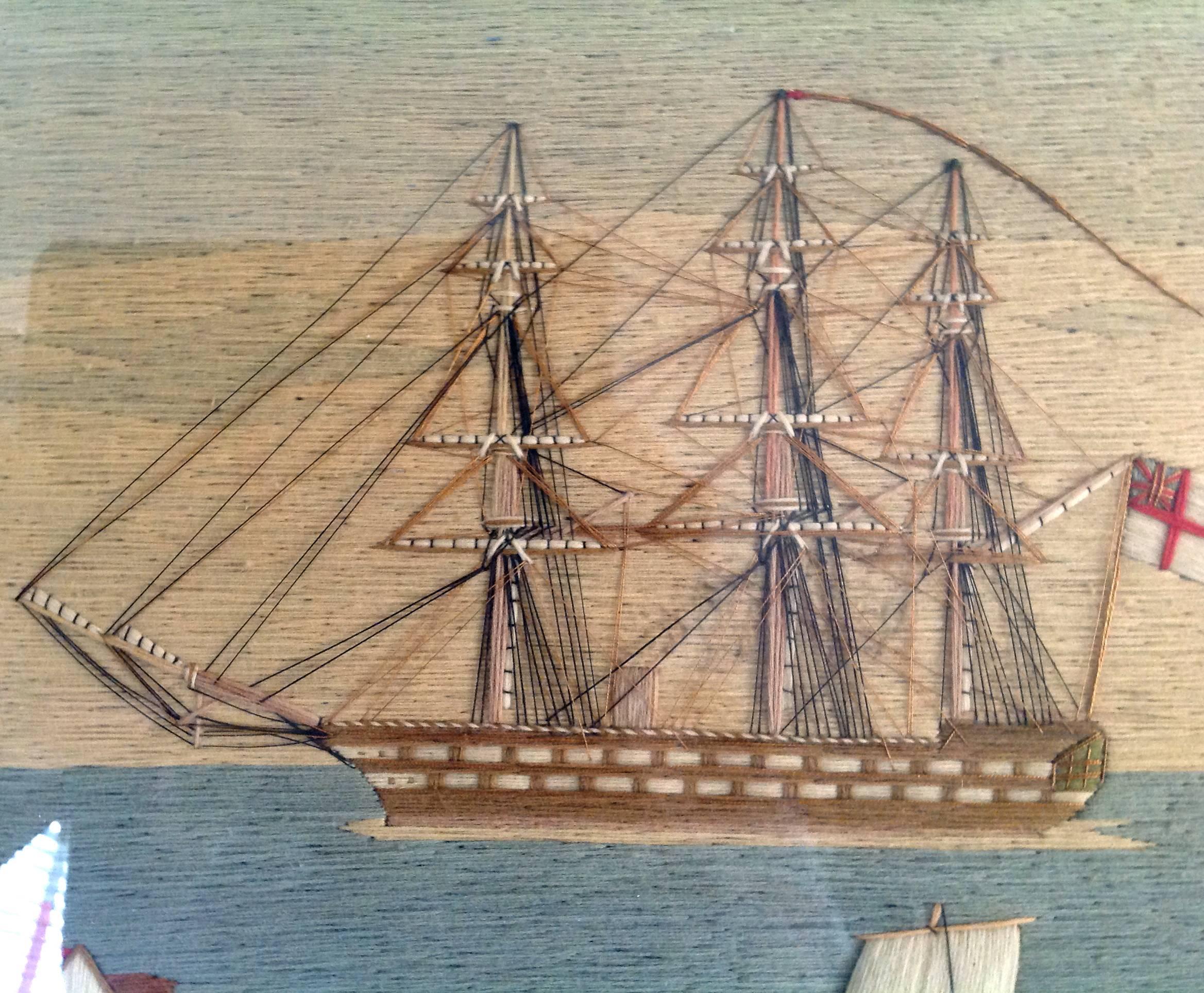 A very charming small woolie depicting a Second Rate Royal Navy Battleship under steam leaving home, its sails neatly furled.  The furled sails and rigging depicted in the finest manner creating a wonderful three-dimensional effect.  The ship steam