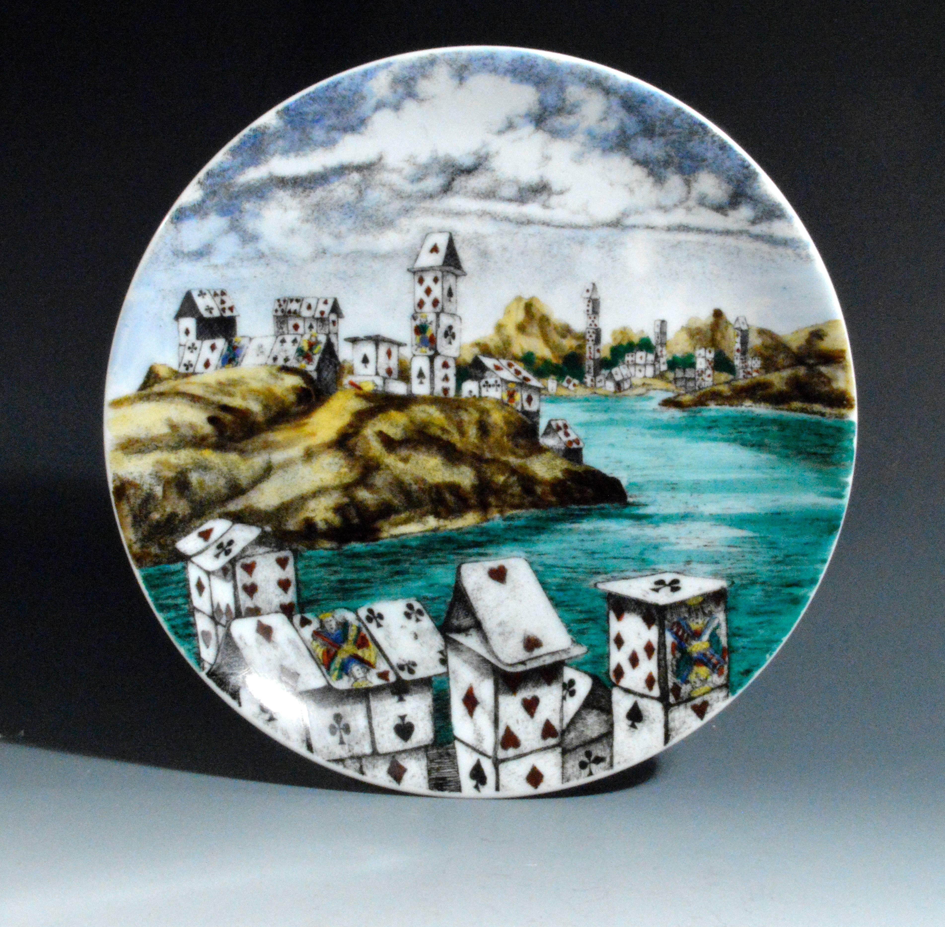 Porcelain Piero Fornasetti Citta di Carte City of Cards Plates in Complete Set of 12