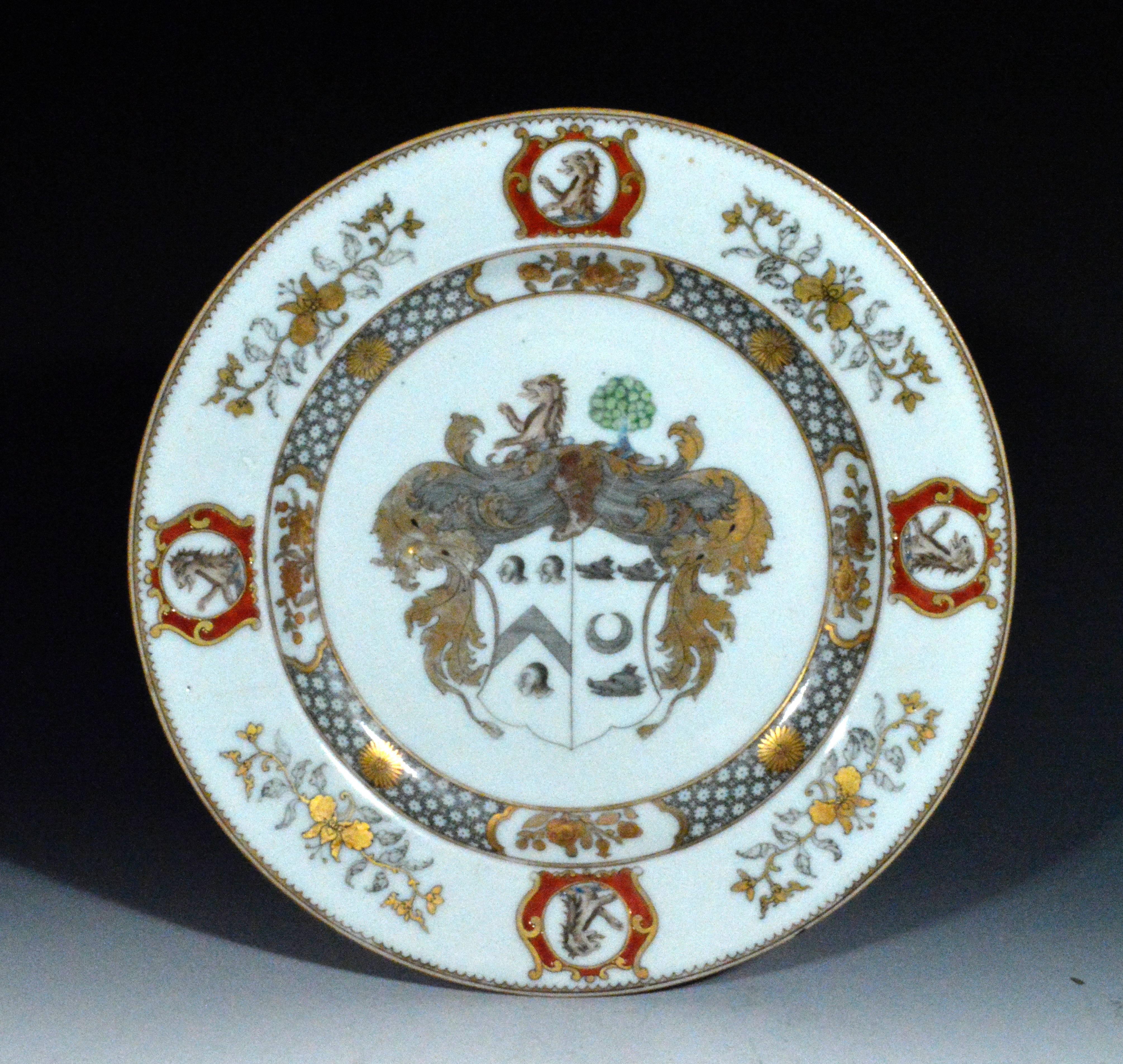 Chinese Export Armorial Pair of Plates for Scotland,  Arms of More Impaling Hog In Excellent Condition In Downingtown, PA
