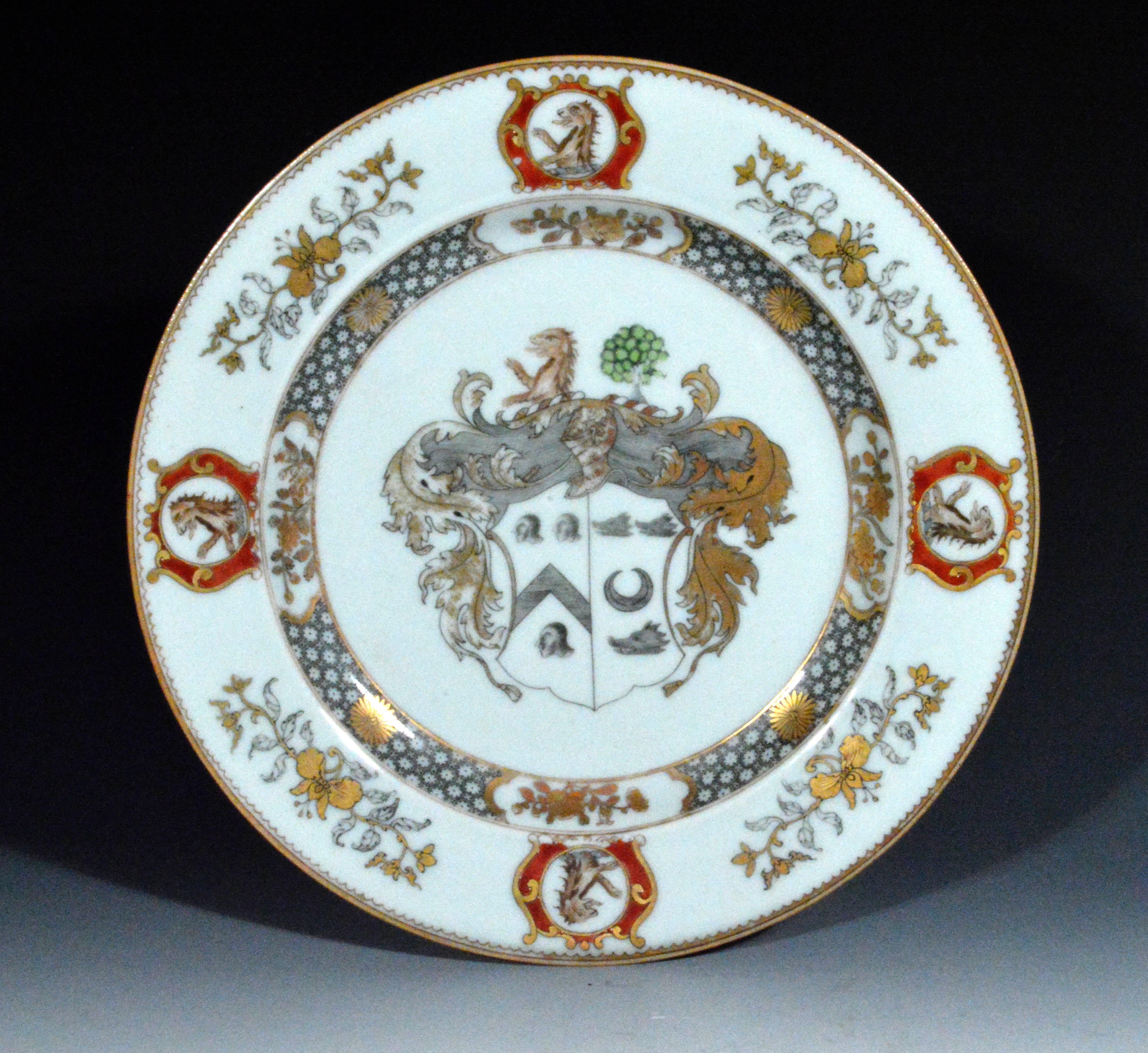 Mid-18th Century Chinese Export Armorial Pair of Plates for Scotland,  Arms of More Impaling Hog