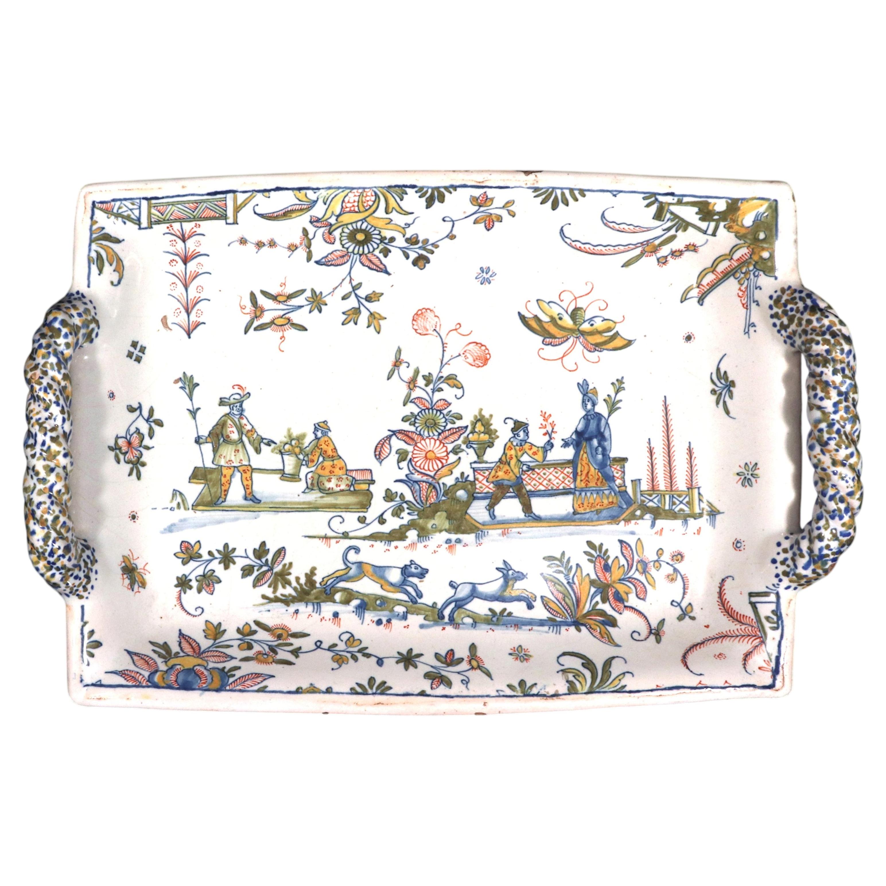 French Faience Chinoiserie Footed Tray, Marseille, Leroy Manufactory For Sale