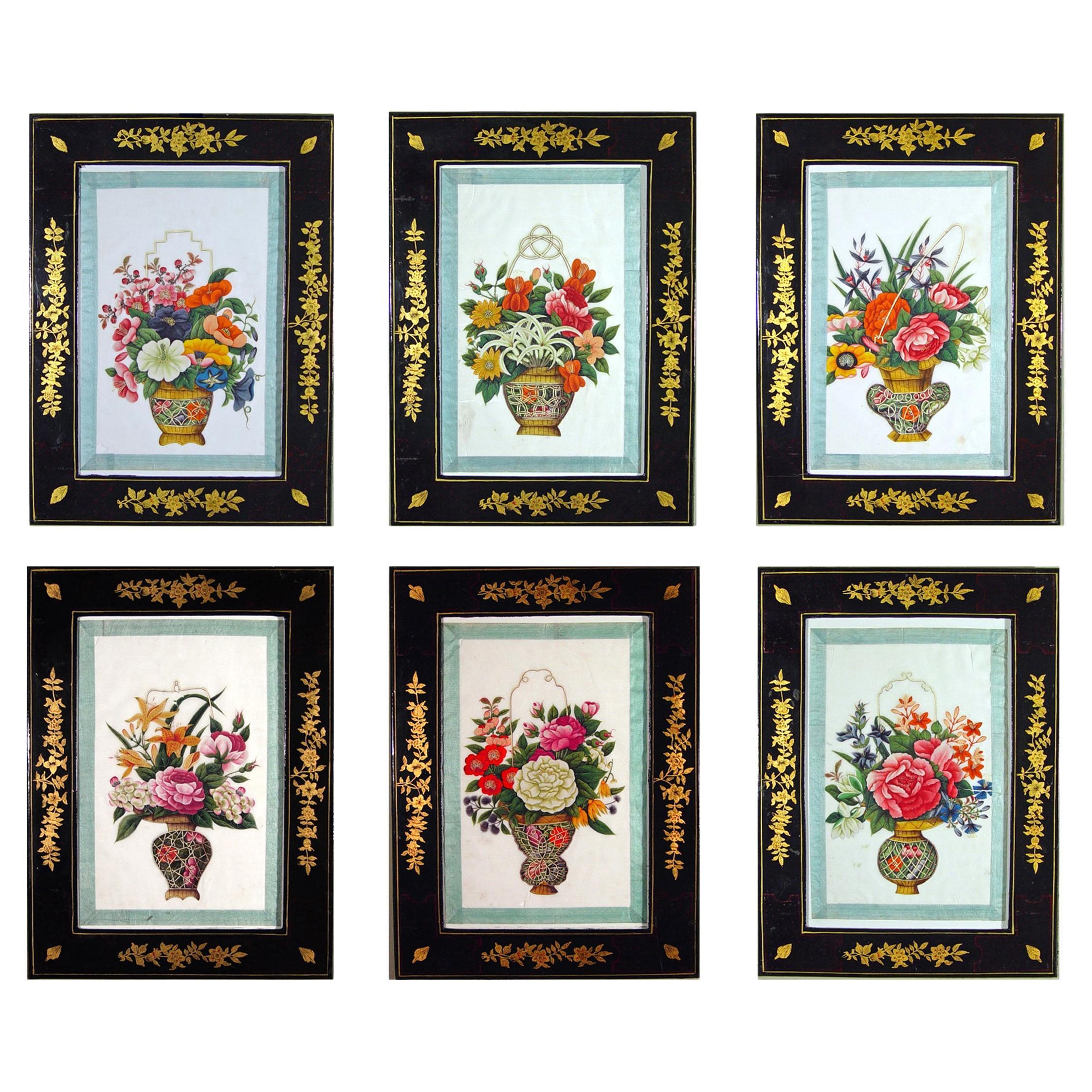 Chinesische Handels-Aquarelle von Blumenkörben mit Chinoiserie-Rahmen, Sechser-Set