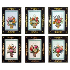 Antique China Trade Watercolors of Flower Baskets with Chinoiserie Frames, A Set of Six