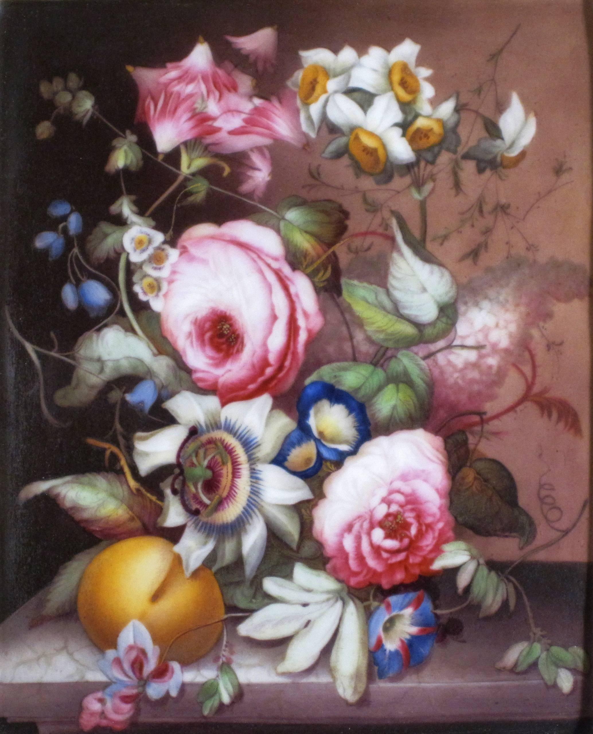 The Grainger Worcester porcelain plaque is beautifully painted with a botanical study the central rectangular panel depicts a well painted ornate floral bouquet and peach on a marble tabletop all within an outer border which is gilded to imitate a