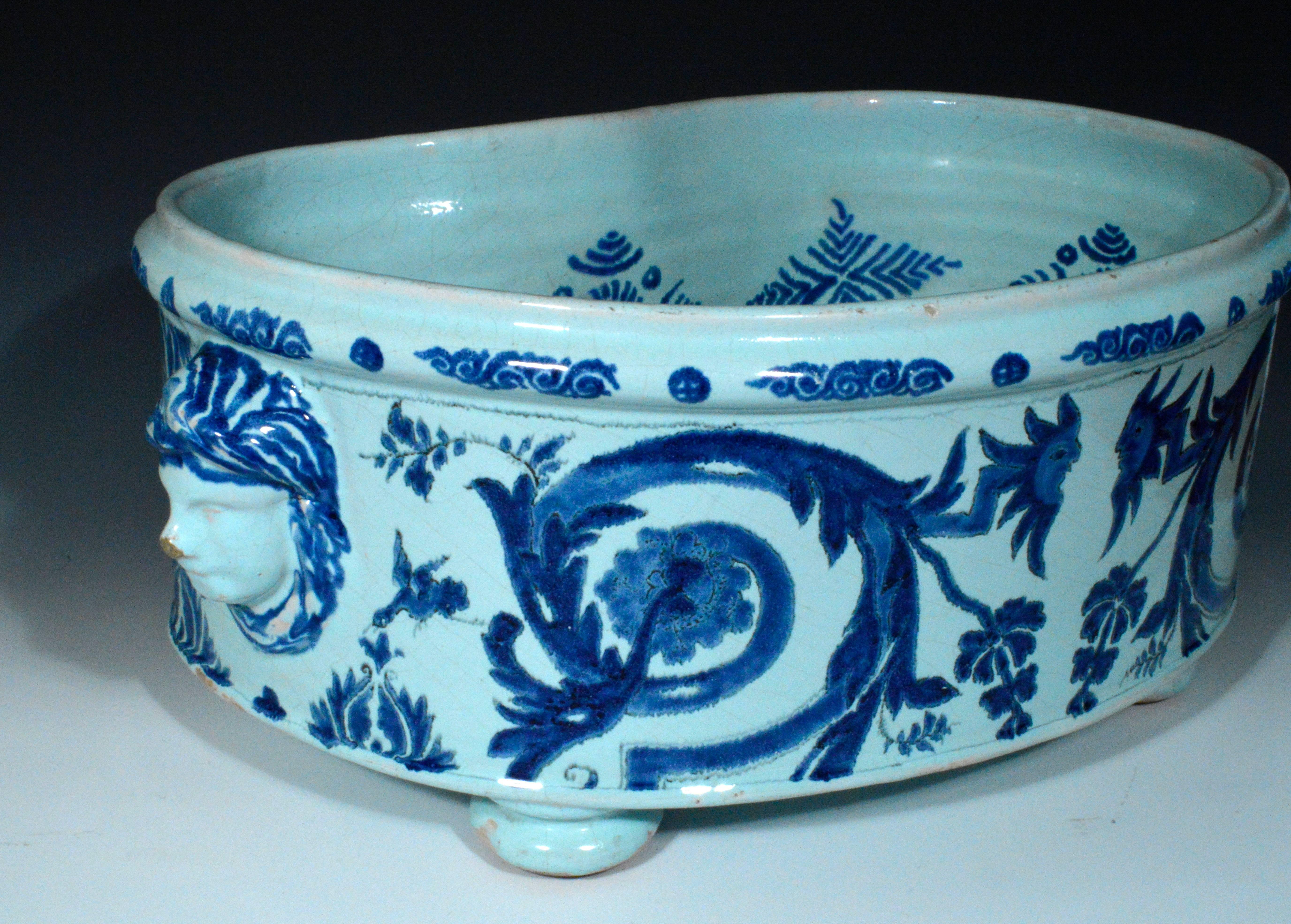 Rococo 18th-century Northern French Blue and White Faience Footed Basin, Lille.